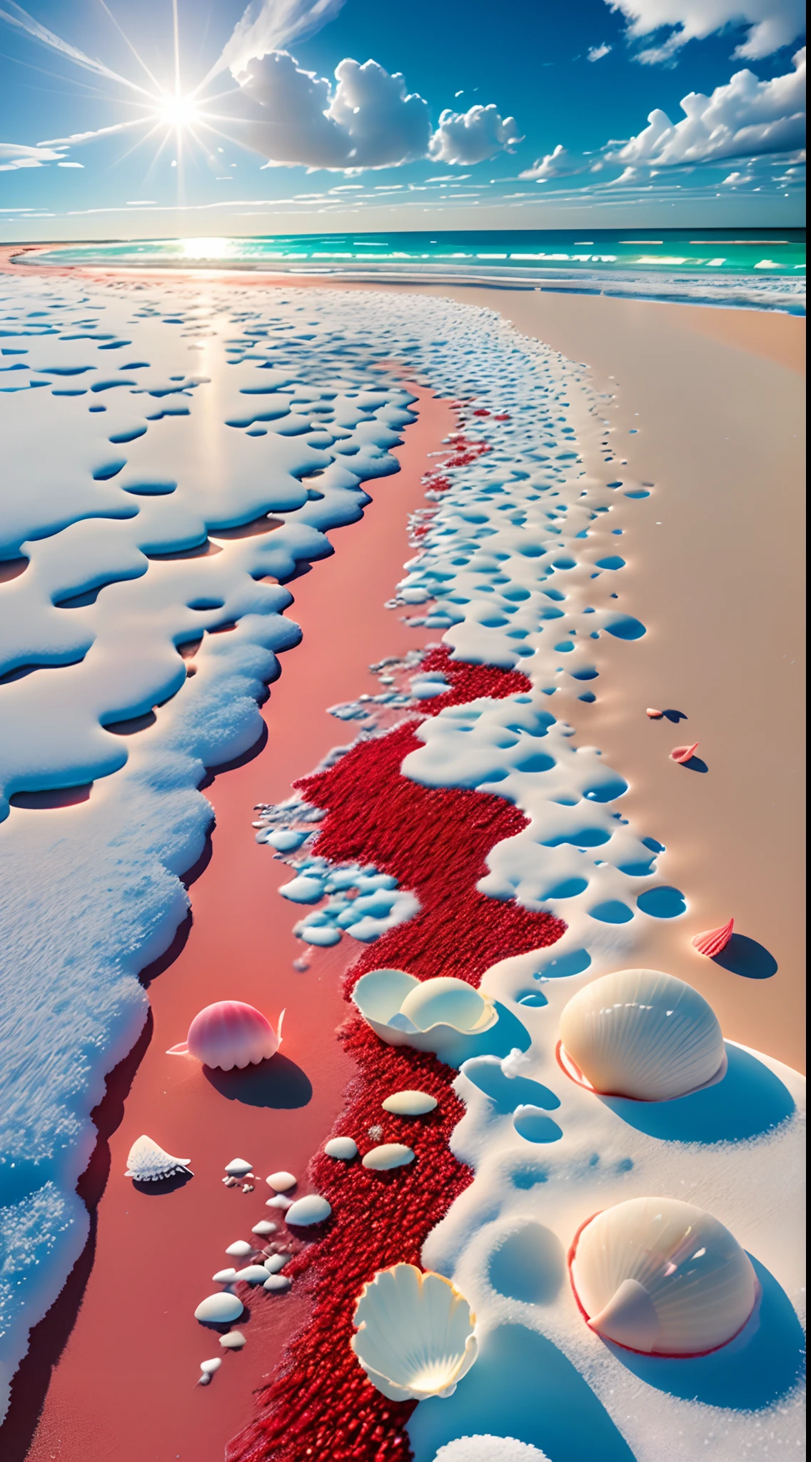 delicate scene,depth of field, 8K, The ivory sky,white clouds,and sunlight shine on the snow-white beach. The coral sea,and many colorful tinny shells on the beach,red roses, roses focus,