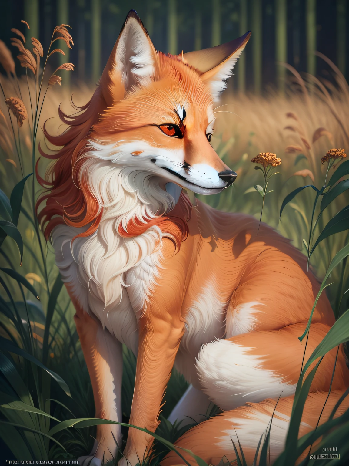 A Red Fox, only two legs visible only one nose two identical perfect eyes symmetrical, only two ears, sitting in the high grass, in the style of Joni Johnson Godsyn Hepler
