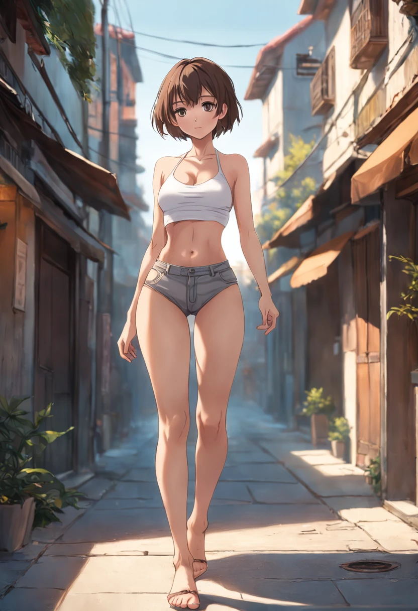 half body wide angle professional photo of a beautiful young slim spanish woman, one slim woman walking in natural pose, ((front left side photo)), (((perfect slim flat tummy showing))), ((brown short hair)), (((grey tight low waist harem pants))), ((groin showing over harem pants waist)), ((white tight halter crop top)), cleavage, power round breast, thigh gap, slim legs, ((sexy slim waist showing)), ((hips showing)), ((belly button showing)), landscape nature background, low depth of field, vanishing point, bright light photo, real casual photography, natural relaxed pose, realistic natural style, centered, symmetrical, knee-shot from below photo, wide angle, nikon Z9 35mm F1.8, by David lazar and joel Santos