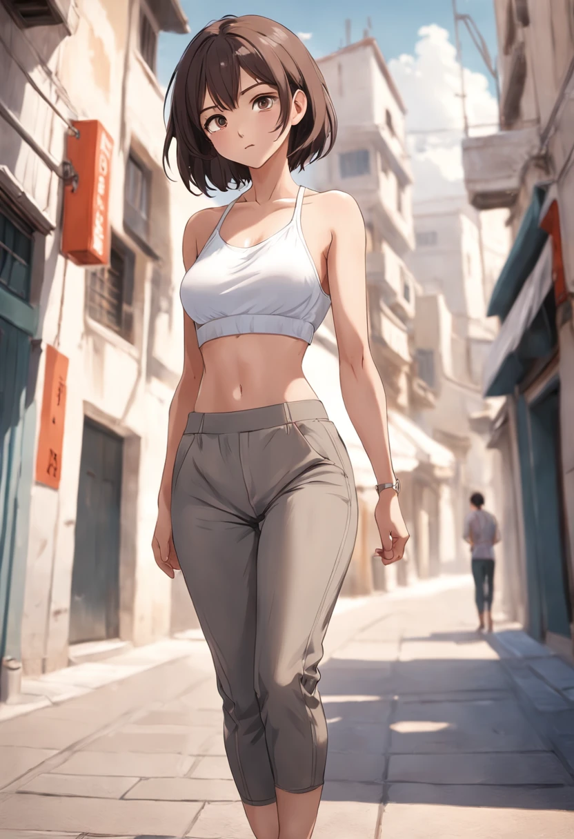 half body wide angle professional photo of a beautiful young slim spanish woman, one slim woman walking in natural pose, ((front left side photo)), (((perfect slim flat tummy showing))), ((brown short hair)), (((grey tight low waist harem pants))), ((groin showing over harem pants waist)), ((white tight halter crop top)), cleavage, power round breast, thigh gap, slim legs, ((sexy slim waist showing)), ((hips showing)), ((belly button showing)), landscape nature background, low depth of field, vanishing point, bright light photo, real casual photography, natural relaxed pose, realistic natural style, centered, symmetrical, knee-shot from below photo, wide angle, nikon Z9 35mm F1.8, by David lazar and joel Santos