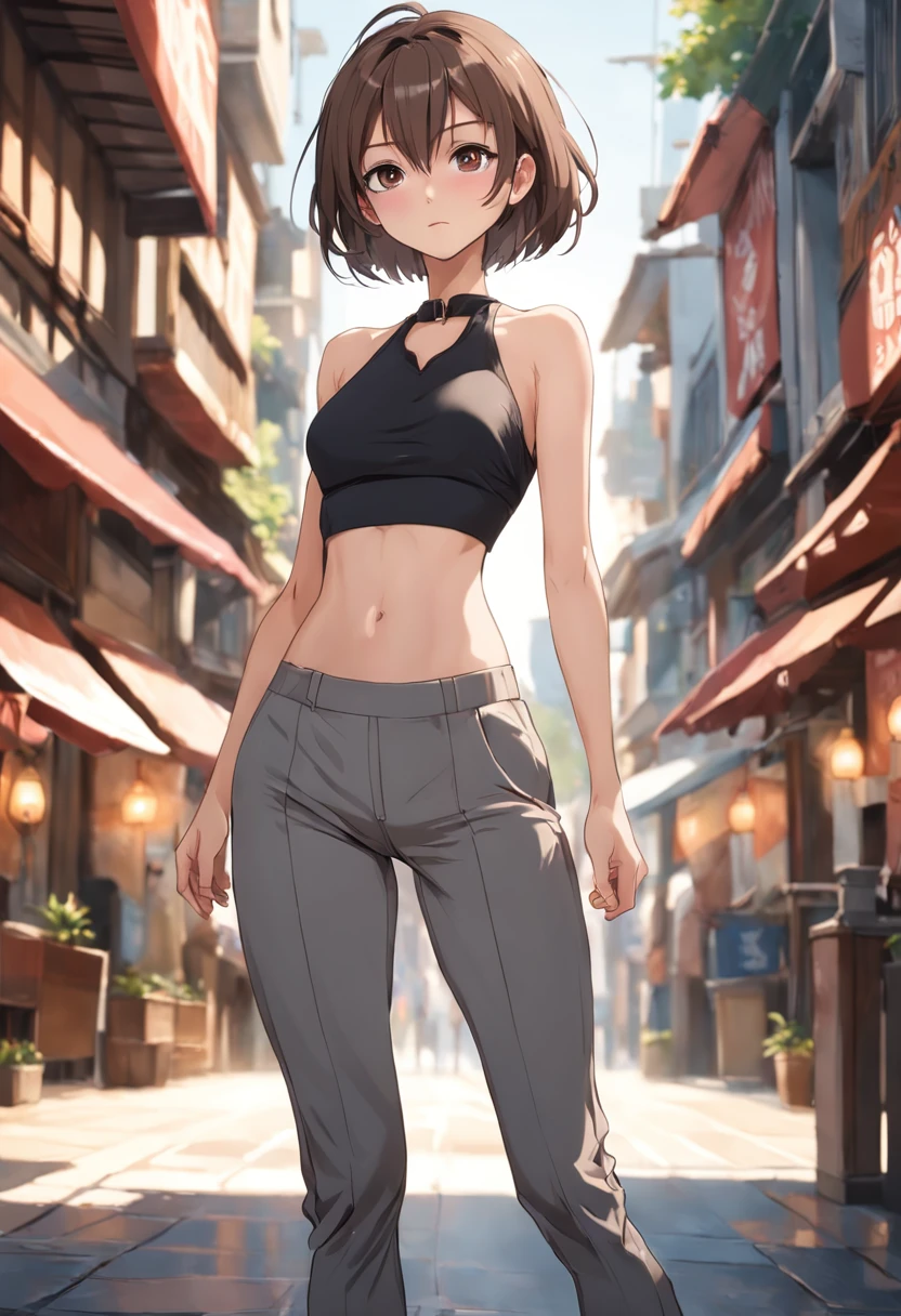half body wide angle professional photo of a beautiful young slim spanish woman, one slim woman walking in natural pose, ((front left side photo)), (((perfect slim flat tummy showing))), ((brown short hair)), (((grey tight low waist harem pants))), ((groin showing over harem pants waist)), ((white tight halter crop top)), cleavage, power round breast, thigh gap, slim legs, ((sexy slim waist showing)), ((hips showing)), ((belly button showing)), landscape nature background, low depth of field, vanishing point, bright light photo, real casual photography, natural relaxed pose, realistic natural style, centered, symmetrical, knee-shot from below photo, wide angle, nikon Z9 35mm F1.8, by David lazar and joel Santos