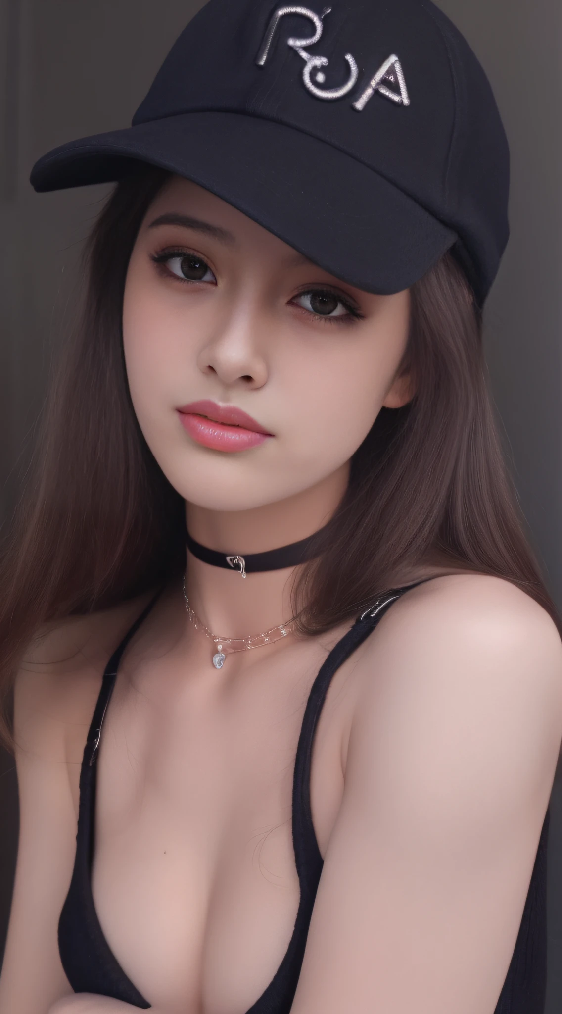 Realistic, Perfect Anatomy, Purple, eye make up, Black, Baseball Cap, , Choker, Good Hand,4K, hight resolution, masutepiece, Best Quality, finely detailed skin, Sharp Focus, 鎖骨, Cinematic lighting [:(Detailed face:1.2):0.2], Small breasts, cleavage, shiny eyes, Looking at Viewer, ((Puffy eyes)),