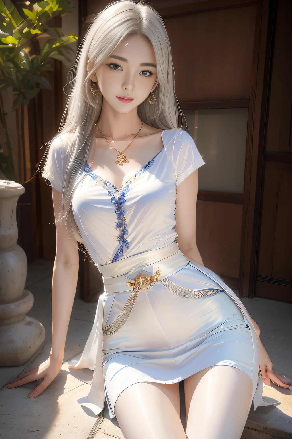 blushing embarassed smiling ilicheng, 
Mouth closed, Balanced eyes,
(Best quality details:1.2),Realistic,8K high definition,(1girll:1),Ultra detailed,High quality texture,Intricate details,Detailed texture,finely detailed,High detail,Extremely detailed CG,Highqualityshadow,Detailed beautiful delicate face,Detailed beautiful delicate eyes,Depth of field,Ray tracing,(a beautiful 25 age years old sexy korean taiwan girl:1),Medium breast, Tall_Female, Beautiful_Legs, Glow eyes,Blush,  Perfect body,Skinny, 
Blurred indoor background, 
transparent 
fashionable
Jeans, 
 
formal
Ring,

 Open coat:1.1, [brown_Skirt]:1, Stockings and garter belts:1.2,  Straight hair, cozy living room, Sunlight, kneeling on the sofa, Earrings,necklace, model, view the viewer, Dynamic pose, 

 ulzang-6500-v1.1:0.01
