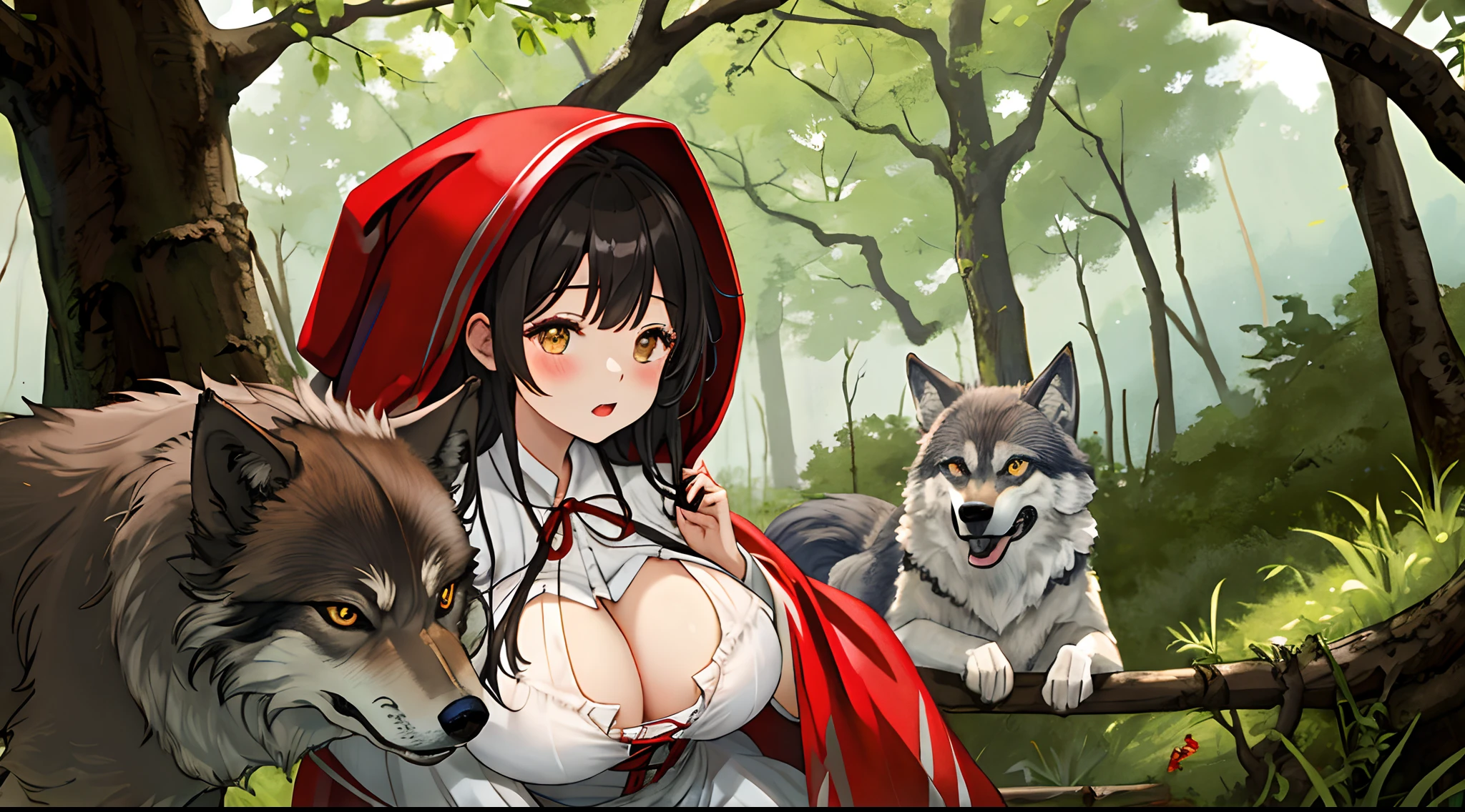 hightquality、Photo quality、Little Red Riding Hood、1womanl、huge tit、in woods、Wolf on the side、