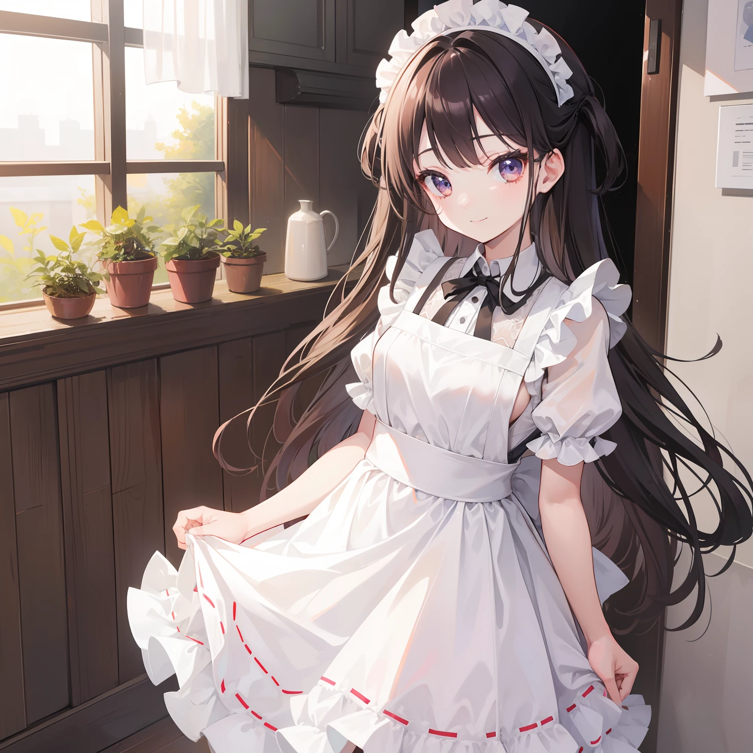 masterpiece, best quality, ultra detailed, 1girl, (loli:1.4), infant, 10 years old, flat breast, (semen from pussy:1.4), (bare pussy:1.4), lift skirt, a large amount of semen, naked, uncensored, maid, black hair, long hair, purple eyes, ashamed, sad smile, shed tears, blush, standing, split legs, legs open widely, in cafe, from below