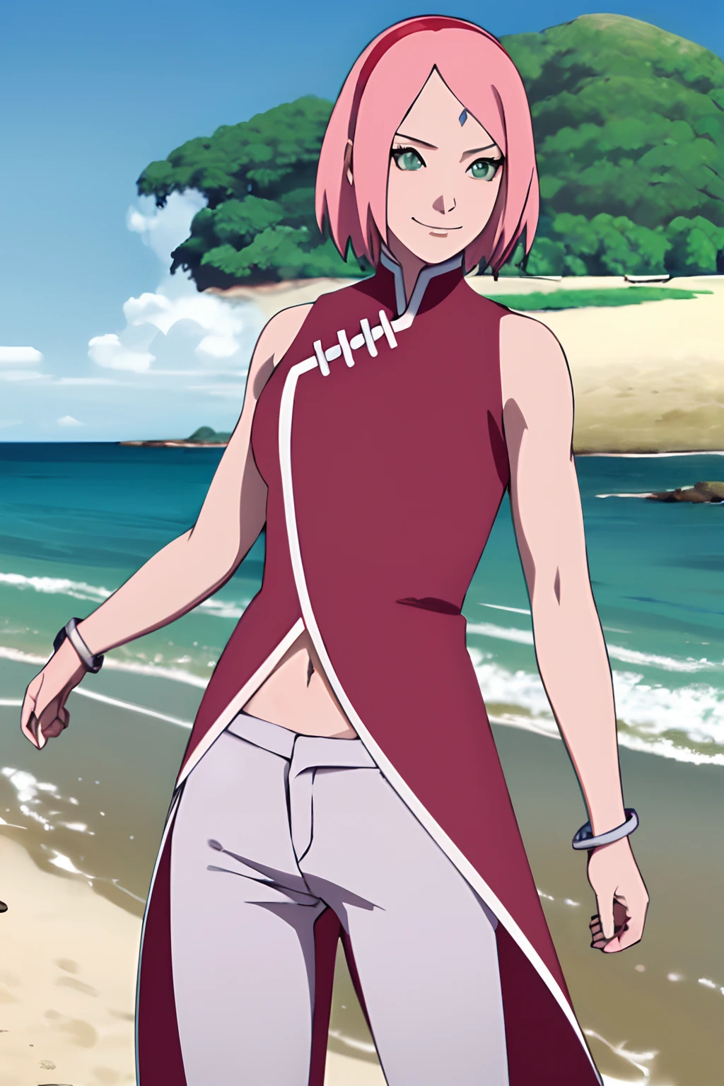 masterpiece, 1k, portrait, face shot, professional artwork, detailed beach background, intricate details, colorful, digital blending, (ultra detailed body, ultra detail hair, ultra detail face), trending on pixiv, kind smile, very hot color, best quality, anime style: 1.9, 1girl, hires, haruno sakura, (forehead mark, milf, red hairband, pale skin, short hair, ((red sleeveless dress), white pants), navel, groin, bracelet, pink hair, green eyes, smile, beach, wind, floating hair, detailed arms, off-shoulders, slightly muscular arms, dirt armpits, standing)