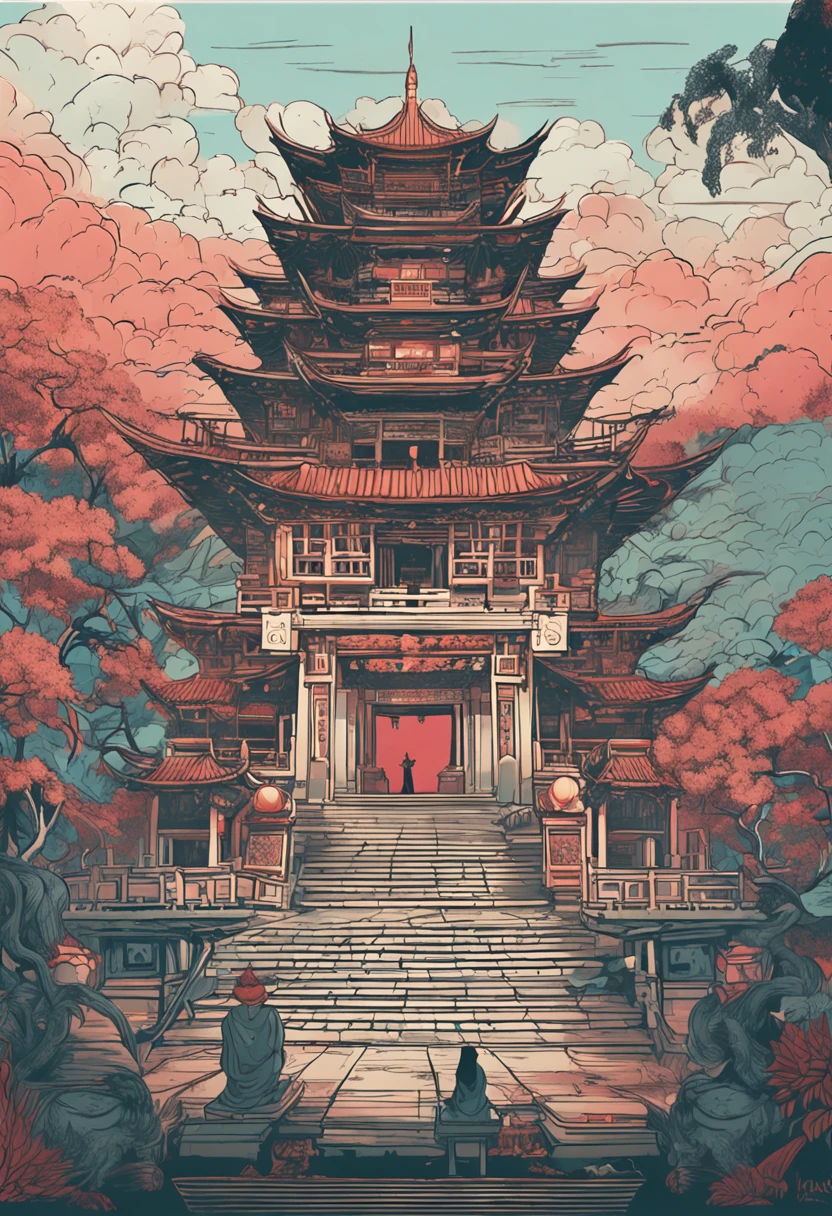 absurdres, highres, ultra detailed, (1girl:1.3), BREAK , Design a beautiful temple scene, with intricate architecture, lush gardens, and a sense of peace and spirituality. BREAK , Create an image of a destructive demon, with fearsome features, dark powers, and a thirst for chaos and ruin. BREAK , Design an image with a fisheye lens effect, capturing a wide field of view with a distinctive, curved perspective. BREAK , Create a rooftop view in an urban setting, with panoramic cityscapes, dramatic skylines, and a sense of elevation. BREAK , Illustrate a tender moment between a parent and child, capturing their bond, love, and connection. BREAK , Illustrate an image using pointillism, with tiny dots of color meticulously placed to create a cohesive and visually stunning whole.Longhaired Beauty,Tall and tall,Tang dynasty,Ancient China,Red eyes,The eyes are cold and evil,Chinese face,Impeccable,delicated,Ancient Hanfu,period costume,(Background with:Dark and terrifying,Countless ghosts,terroral,thriller)Cursed girl,Chinese horror,The mask is half masked,Ancient design sense mask,