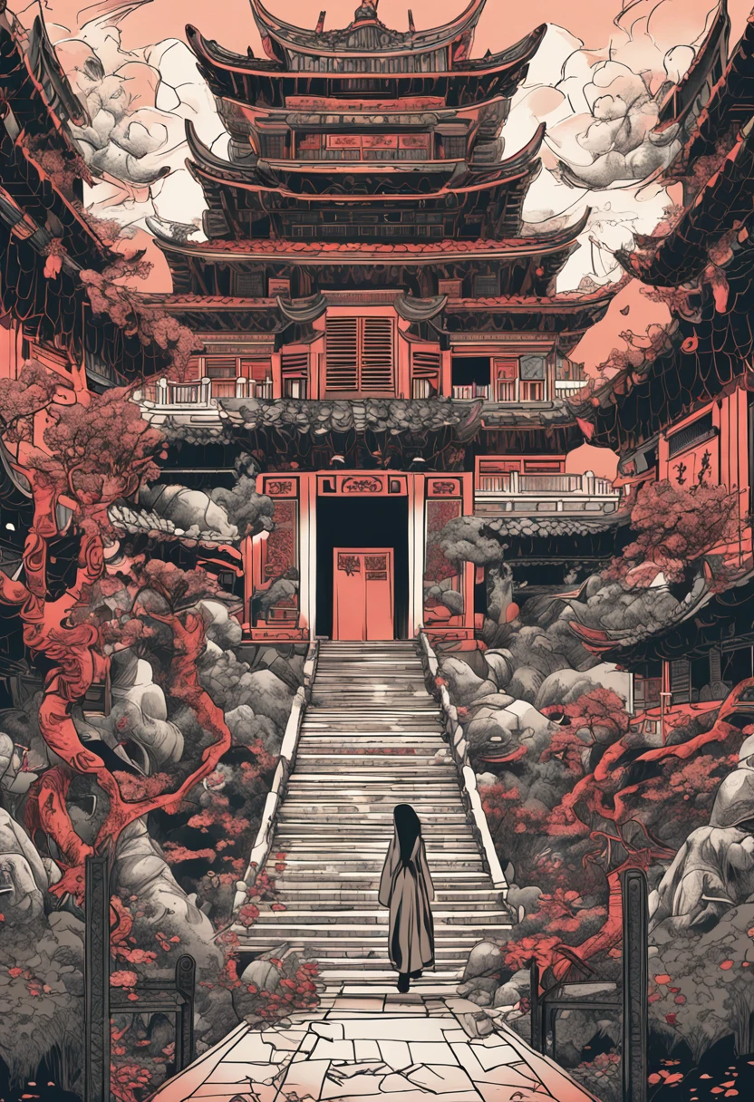 absurdres, highres, ultra detailed, (1girl:1.3), BREAK , Design a beautiful temple scene, with intricate architecture, lush gardens, and a sense of peace and spirituality. BREAK , Create an image of a destructive demon, with fearsome features, dark powers, and a thirst for chaos and ruin. BREAK , Design an image with a fisheye lens effect, capturing a wide field of view with a distinctive, curved perspective. BREAK , Create a rooftop view in an urban setting, with panoramic cityscapes, dramatic skylines, and a sense of elevation. BREAK , Illustrate a tender moment between a parent and child, capturing their bond, love, and connection. BREAK , Illustrate an image using pointillism, with tiny dots of color meticulously placed to create a cohesive and visually stunning whole.Longhaired Beauty,Tall and tall,Tang dynasty,Ancient China,Red eyes,The eyes are cold and evil,Chinese face,Impeccable,delicated,Ancient Hanfu,period costume,(Background with:Dark and terrifying,Countless ghosts,terroral,thriller)Cursed girl,Chinese horror,The mask is half masked,Ancient design sense mask,