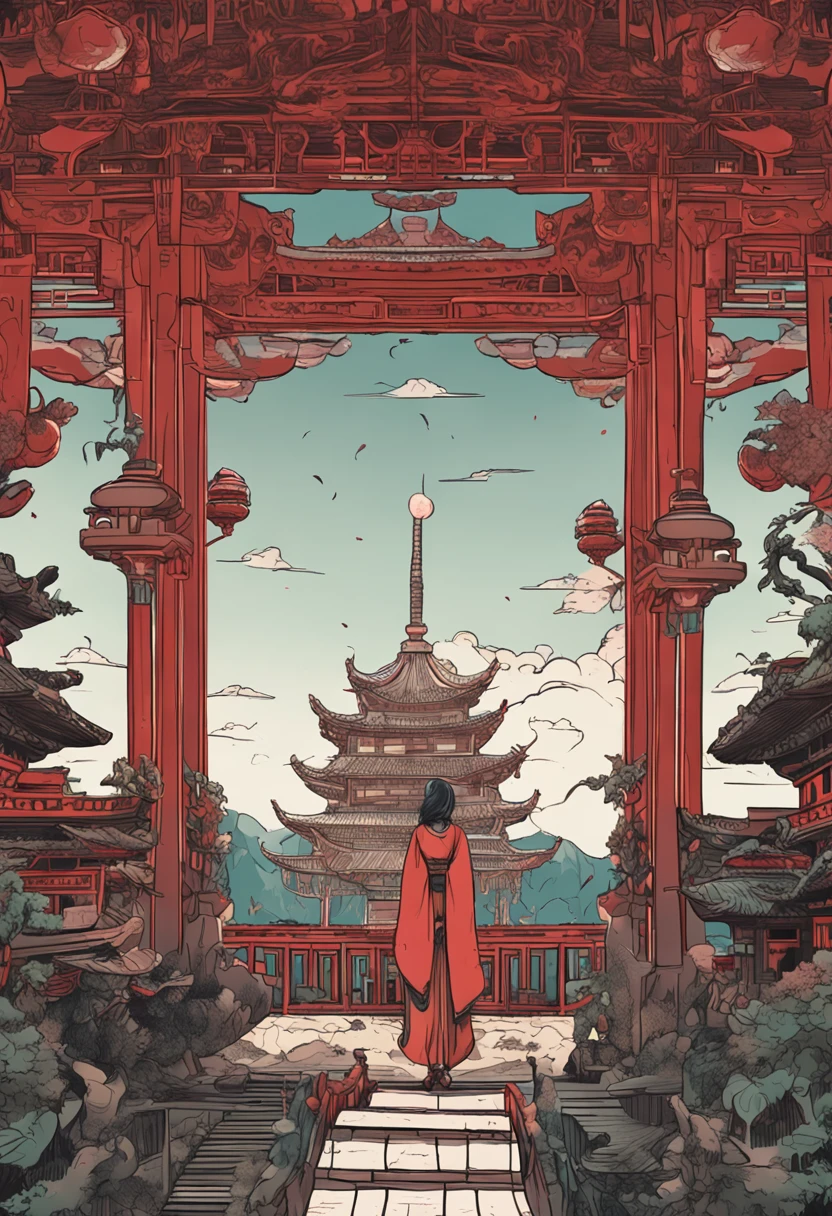 absurdres, highres, ultra detailed, (1girl:1.3), BREAK , Design a beautiful temple scene, with intricate architecture, lush gardens, and a sense of peace and spirituality. BREAK , Create an image of a destructive demon, with fearsome features, dark powers, and a thirst for chaos and ruin. BREAK , Design an image with a fisheye lens effect, capturing a wide field of view with a distinctive, curved perspective. BREAK , Create a rooftop view in an urban setting, with panoramic cityscapes, dramatic skylines, and a sense of elevation. BREAK , Illustrate a tender moment between a parent and child, capturing their bond, love, and connection. BREAK , Illustrate an image using pointillism, with tiny dots of color meticulously placed to create a cohesive and visually stunning whole.Longhaired Beauty,Tall and tall,Tang dynasty,Ancient China,Red eyes,The eyes are cold and evil,Chinese face,Impeccable,delicated,Ancient Hanfu,period costume,(Background with:Dark and terrifying,Countless ghosts,terroral,thriller)Cursed girl,Chinese horror,The mask is half masked,Ancient design sense mask,