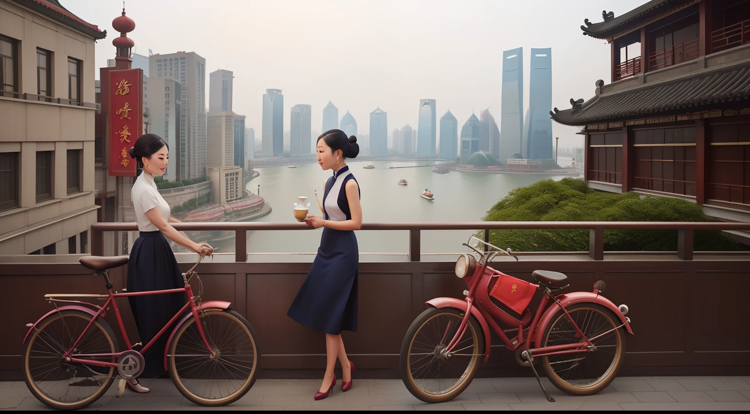Date: 1950
Location: Shanghai, China
Description: At a chic rooftop restaurant overlooking the Bund, a woman in a qipao enjoys a cup of tea as vintage bicycles pass on the cobbled street below.