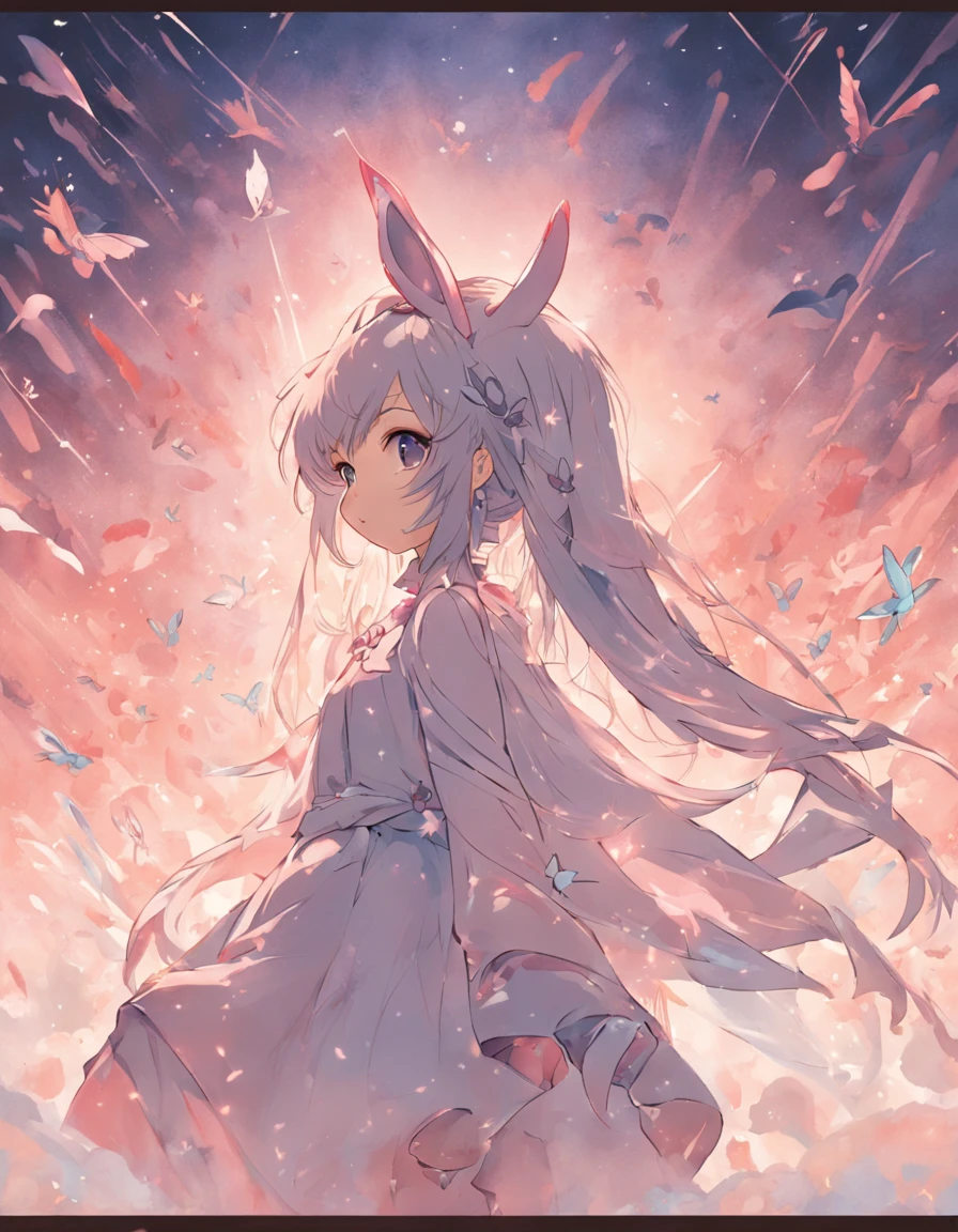 cute , (transformation sequence), transform magical girl, chibi, white magical girl, fractal art, Albino, baby face, long pure white and red mesh hair, beautiful detailed red eyes, cinema lighting, cowboy shot, looking at viewer, from below, happy, naked