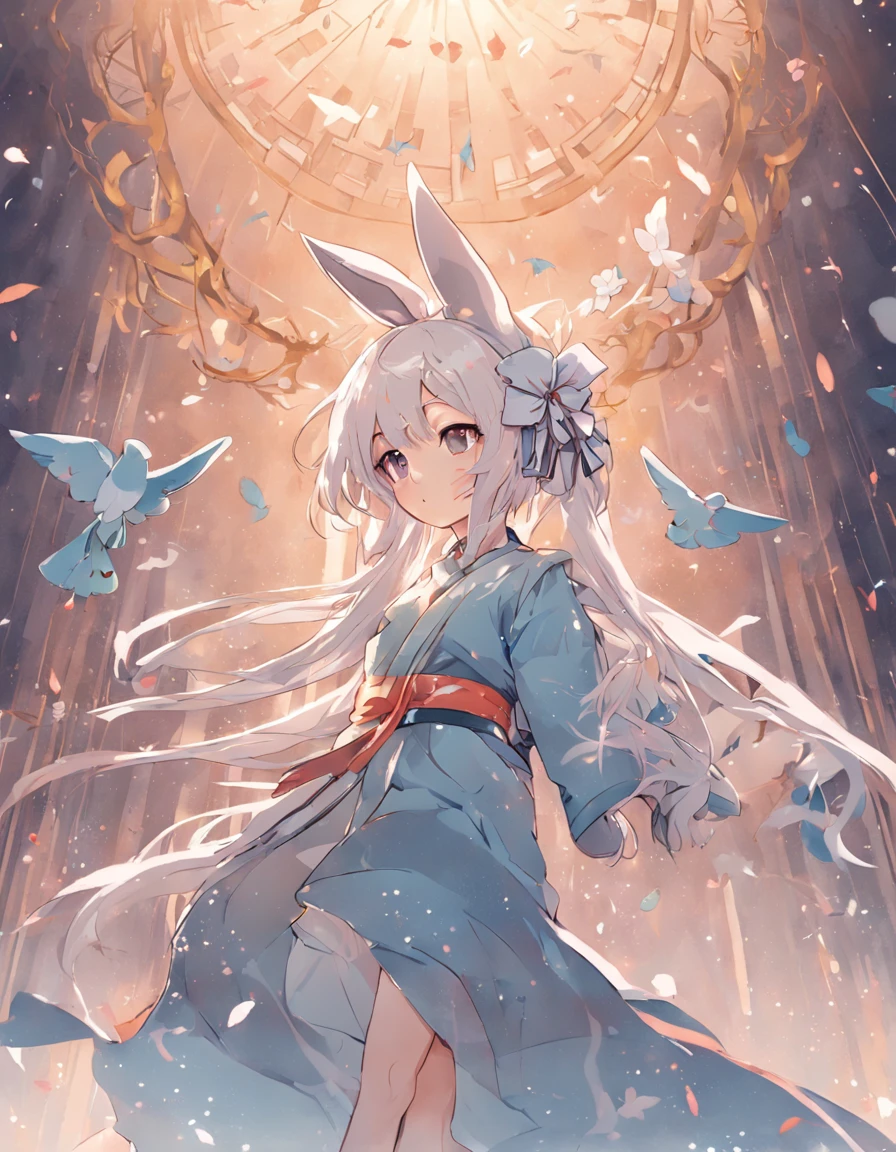 Flat coating，（Flat coating），（Flat coating），Japanese manga cute style，（（minimal style）），（Minimalist lines）（（illustration）），adolable，adolable，Niji style，White long hair girl in princess dress，Rabbit ears，Bow knot，Blue，Holding a white rabbit doll，Small shoes，Wear a top hat，Surrounded by flying fireflies and butterflies and birds，Clear sky，illustration，