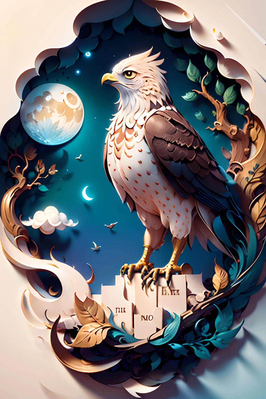 (masterpiece))),best quality,illustration,beautiful,detailed,brightness,paper_cut,hawk,tree,moon,