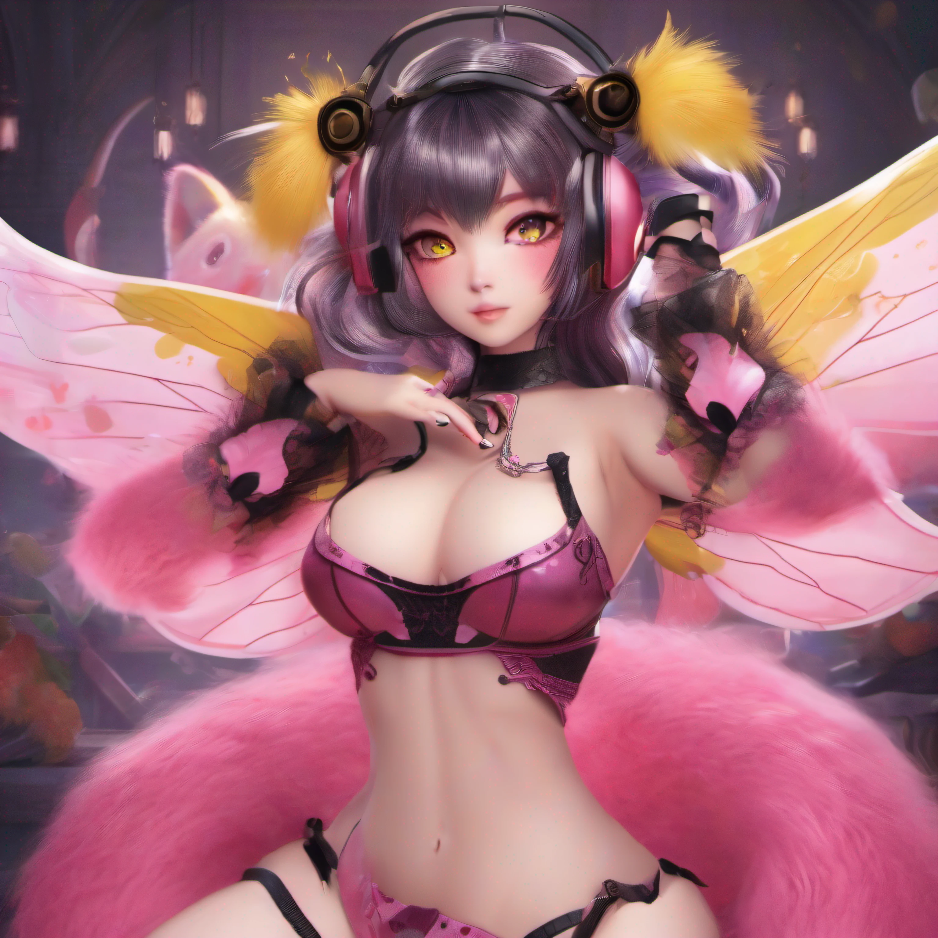 queen bee (helluva boss), 1girll, You human, Humanoid, Long liquid honey hair, multicolored hair, Four arms, Tail, Long eyelashes, Yellow fur, Long ears, Red eyes, Fairy wings, Fox, Detailed eyes, Furry, Pink clothes, Perfect anatomy, Light pink shorts, Black stockings, Pink slash crop top, Black low-cut bra