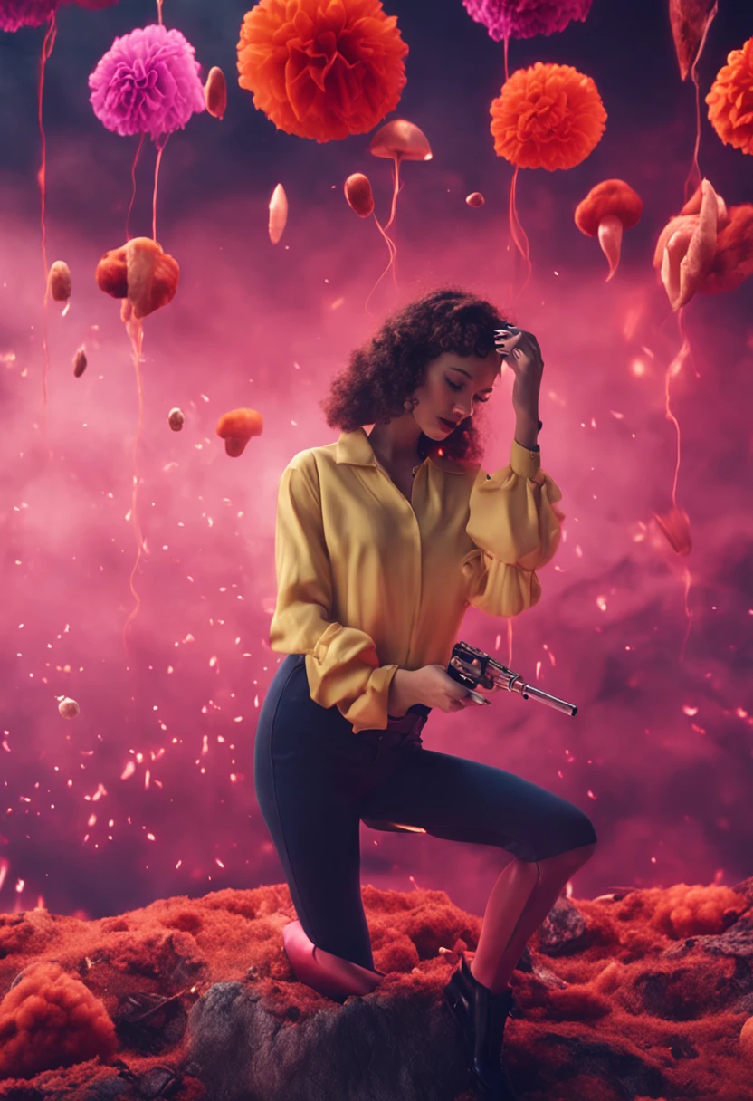 a vibrant, cinematic style, photo, octane, hi-res, realistic video footage screenshot of a young woman in her high heels putting on makeup on the top of a mushroom cloud