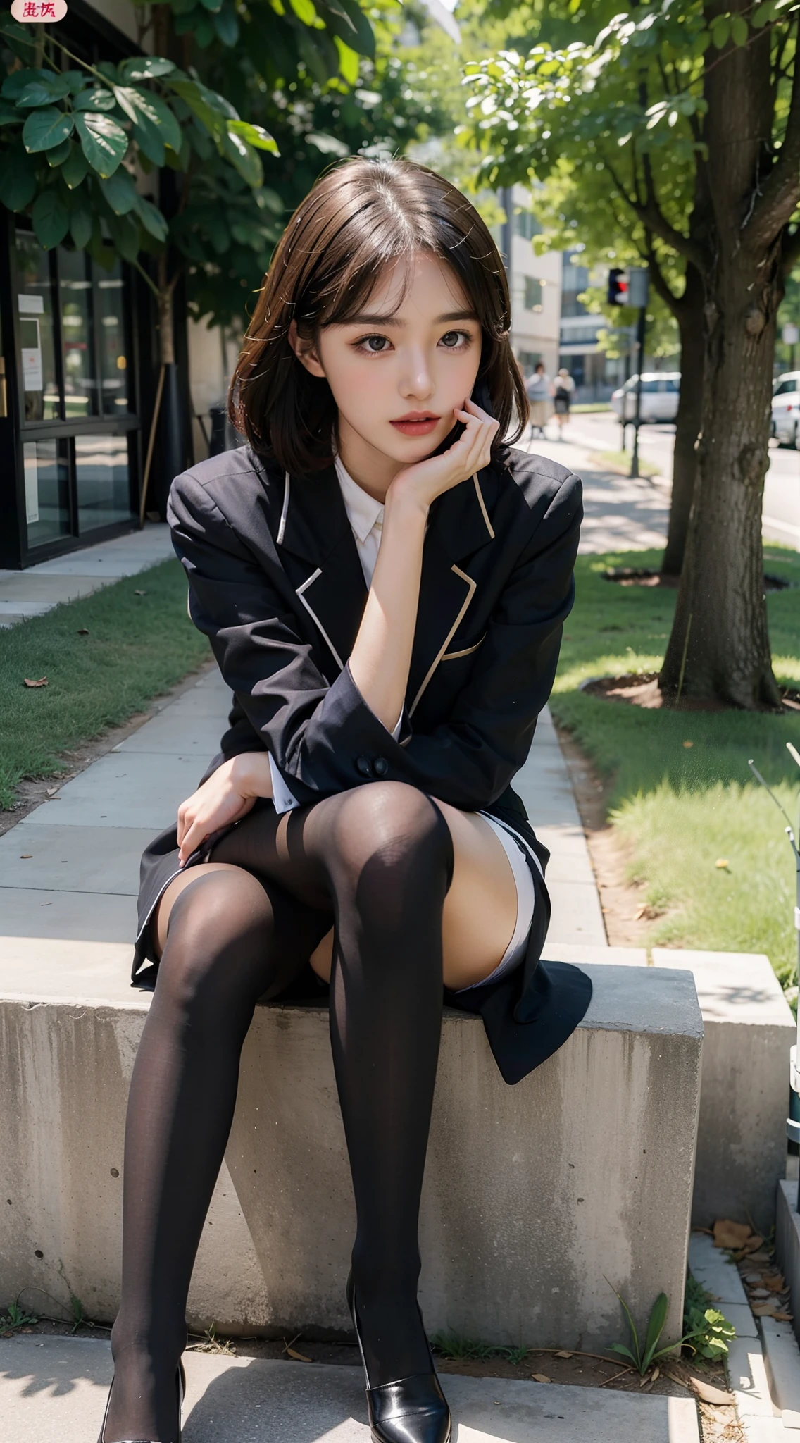Best quality, full body portrait, delicate face, pretty face, 25 year old woman, slim figure, small bust, OL uniform, office clothes, black stockings, outdoor scene, sitting position