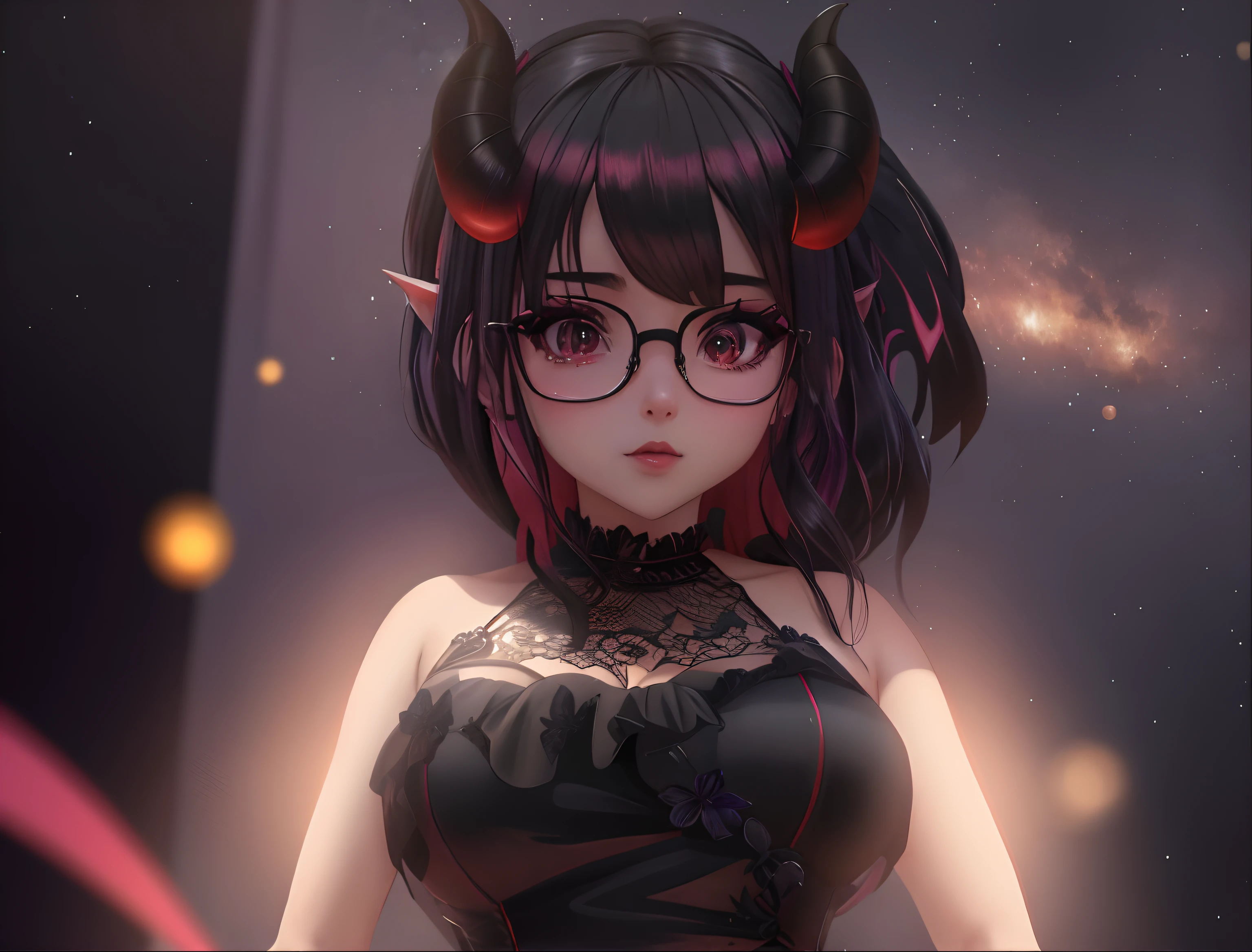 Anime girl with horns and glasses in a black dress, Demon girl, menina anime demon, meu vestido queridinho anime, Anime estilo 3D, Succubus em vestido curto apertado, succubus, 1 7 - year - old anime goth girl, mara demon, mika kurai demon, Succubus bonito |, giesha demon, projeto da menina chifres exuberantes, melhor qualidade,Full HD, 8k, Guweis