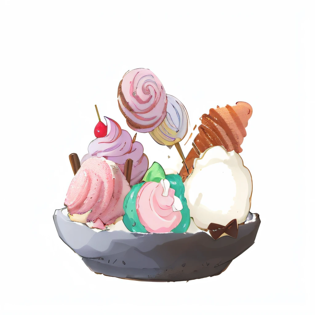 there is a bowl of ice cream and candy on a table, pink ice cream with triangle chocolate , pink macaroon, white donut, meringue, croisant behind sweets, ice cream, pastry, mountains of ice cream, made with illustrator, delicious, yummy, desserts, fantasy bakery, fantasy food, ice cream cone, anime food, ice cream on the side, sweet artpiece, sea of parfait, candy, candy pastel, pastel overflow, whipped cream, baking artwork