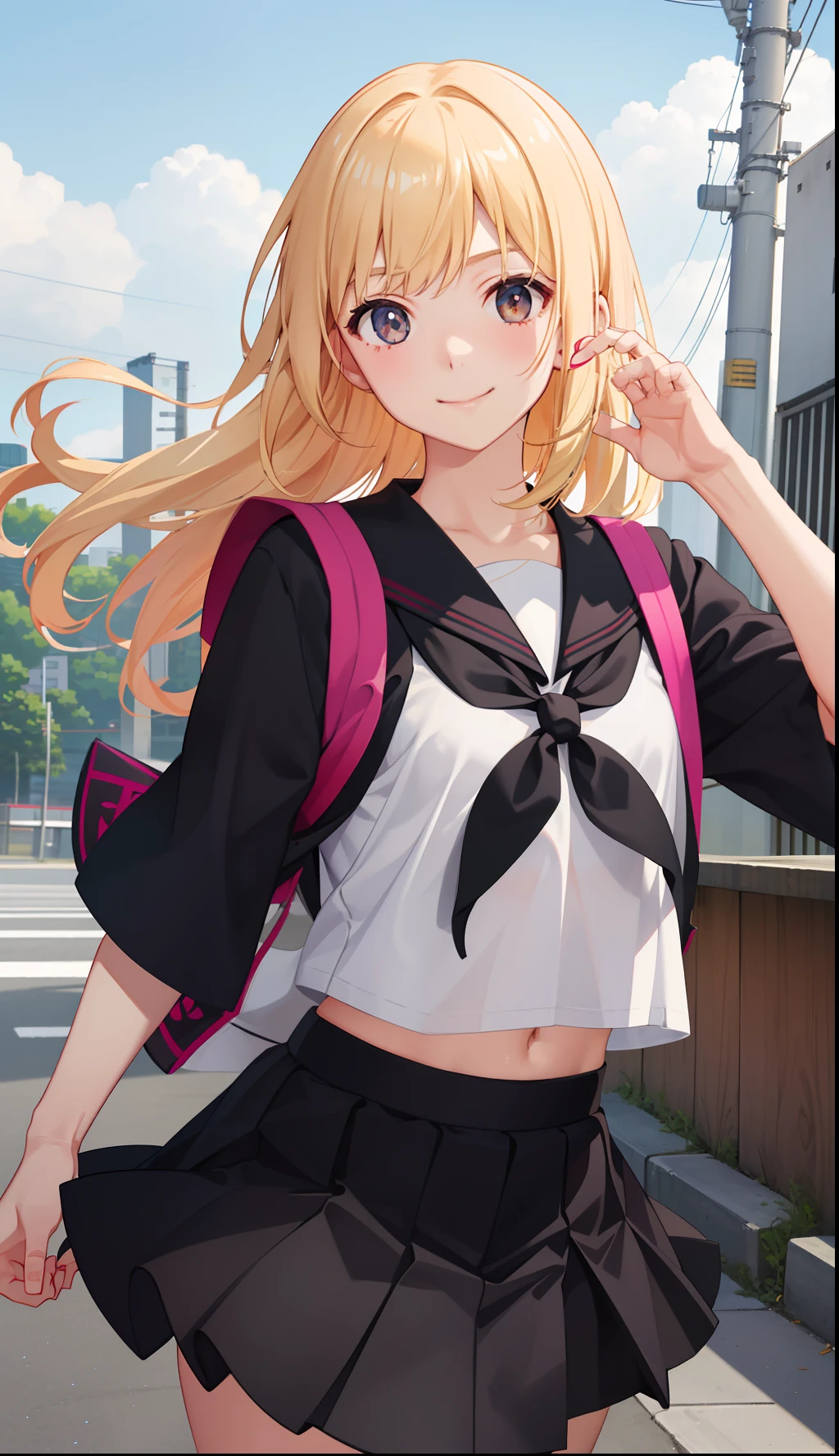 1girl in、A smile、The shirt、skirt by the、(small tits)Chilarism、Japan High School Student Uniform、serafuku、summer clothing、(Sheer Bra)、Upper body portrait、blonde hair、Dynamism!!Running with the wind、