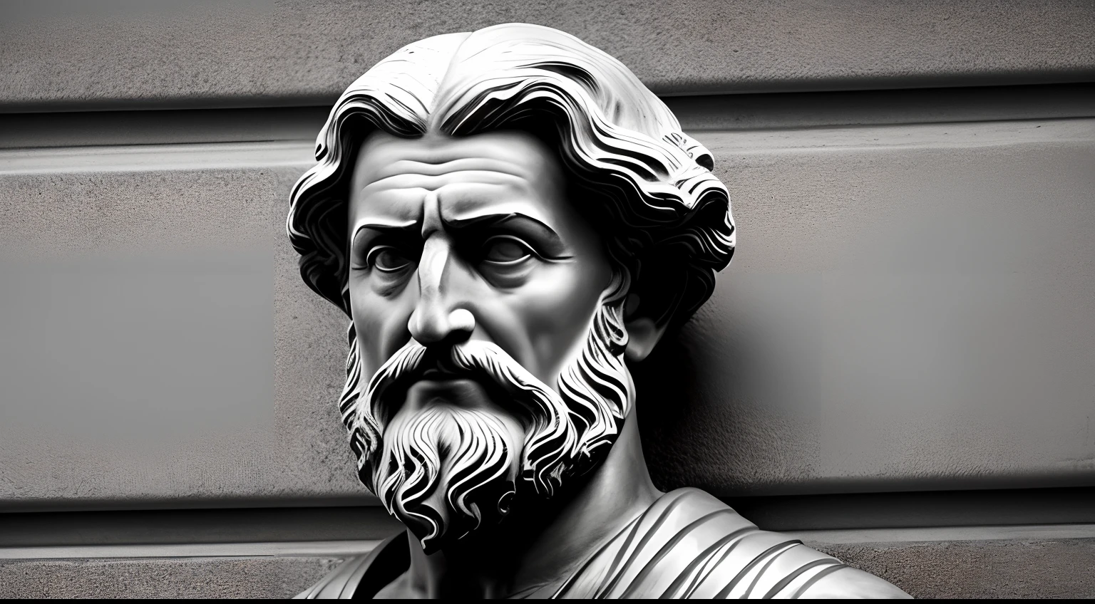 a portrait statue of the stoic Seneca in black and white 4K,Face de lado, super realistic photographic wallpaper 1920x1080