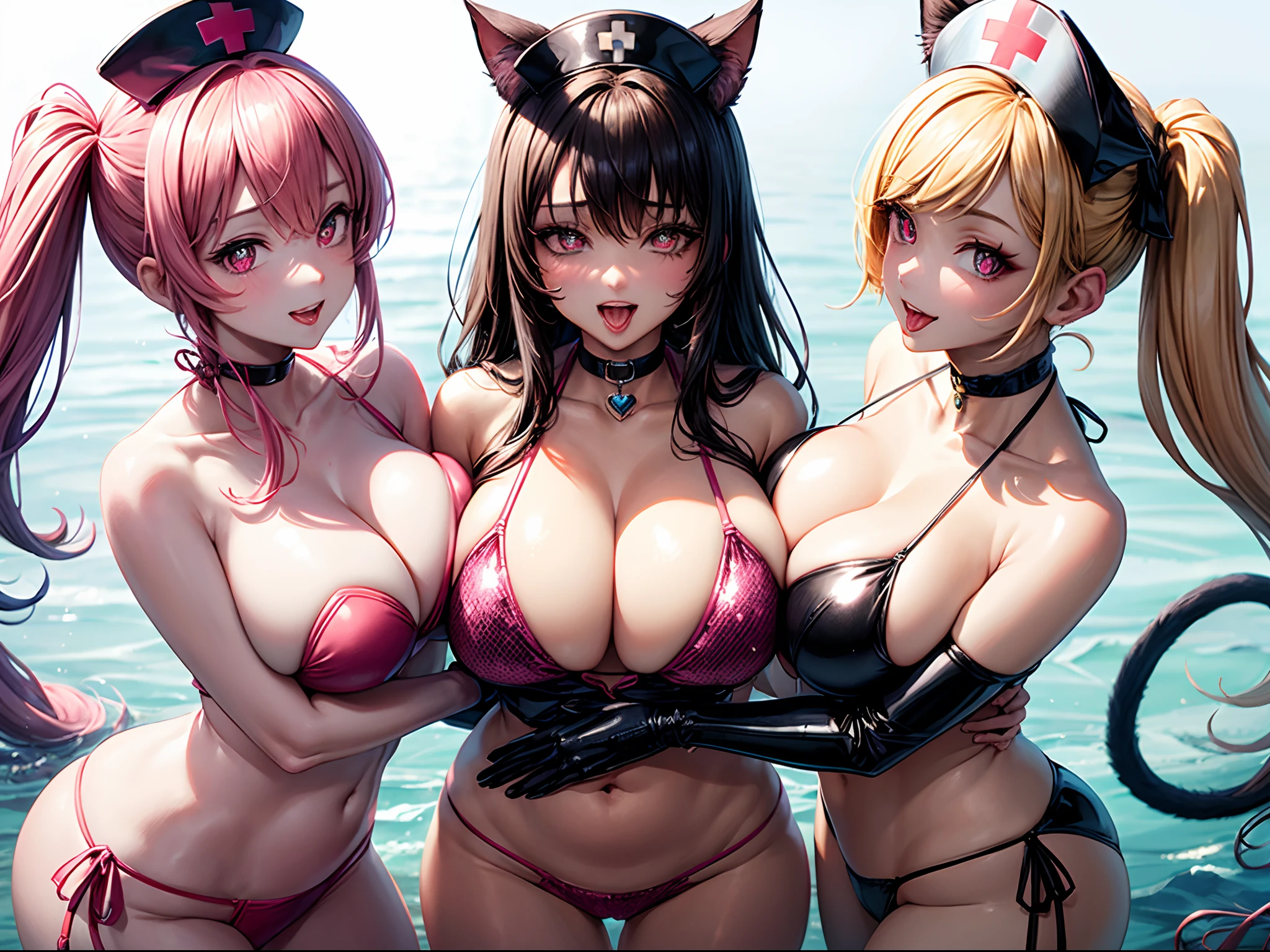 realisitic、top-quality、3women、Cat's ears、Nurse Cap ,Protruding tongue ,((Heart shaped pupils)), orgasm,Pink Sequin Bikini , Black PVC gloves 、Big breasts、hug, Looking at Viewer