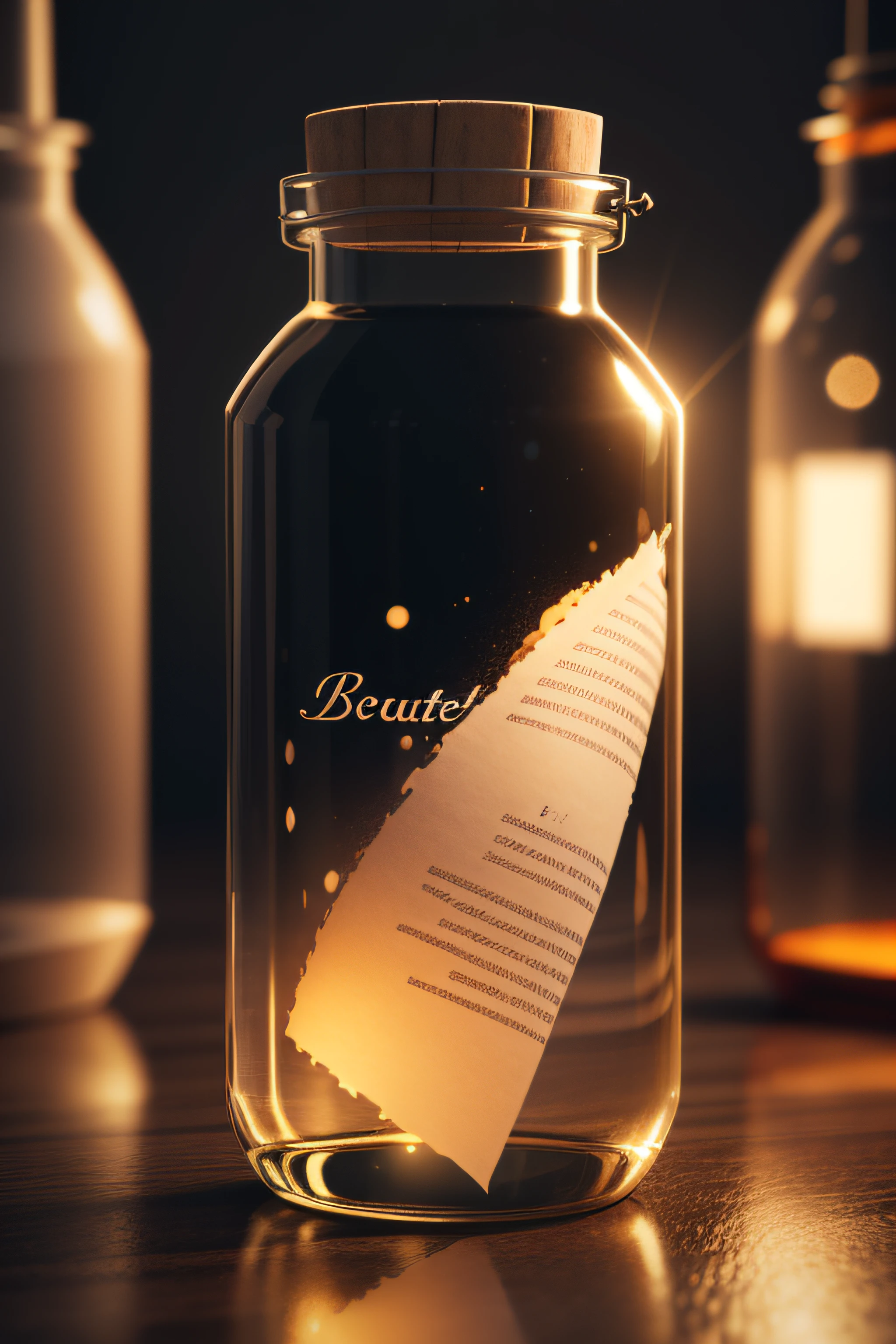 A close-up of a drifting bottle, Beautiful glass bottle with a rolled up note，Soft lighting，No words ，Graphic design，arte 3D ，3D modeling，Maxon Cinema4D
