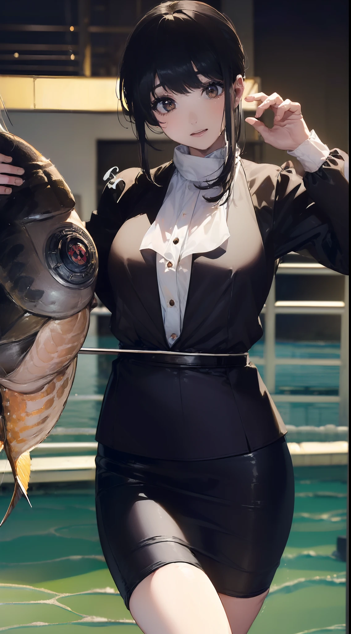 ((((Catch a big black bass by the lake:1.5)))),((1 female 28 years old))((Best Quality:1.5)),(((Hands with the correct number and structure of fingers:1.4))),(Large fish),hight resolution,ultra-detailliert,masterpiece,best qualtiy,poneyTail,Black hair, long eyeslashes, Solid Circle Eyes, drop shadow, Atmospheric perspective,Super Detail, ccurate, small brest,(Black jacket :1.1),top-quality, blurry backround, bokeh dof:1.2, (masterpiece:1.3), Atmospheric perspective,Super Detail,dynamic compositions,top-quality、masterpiece、Very beautiful CG、finely detail、masterpiece