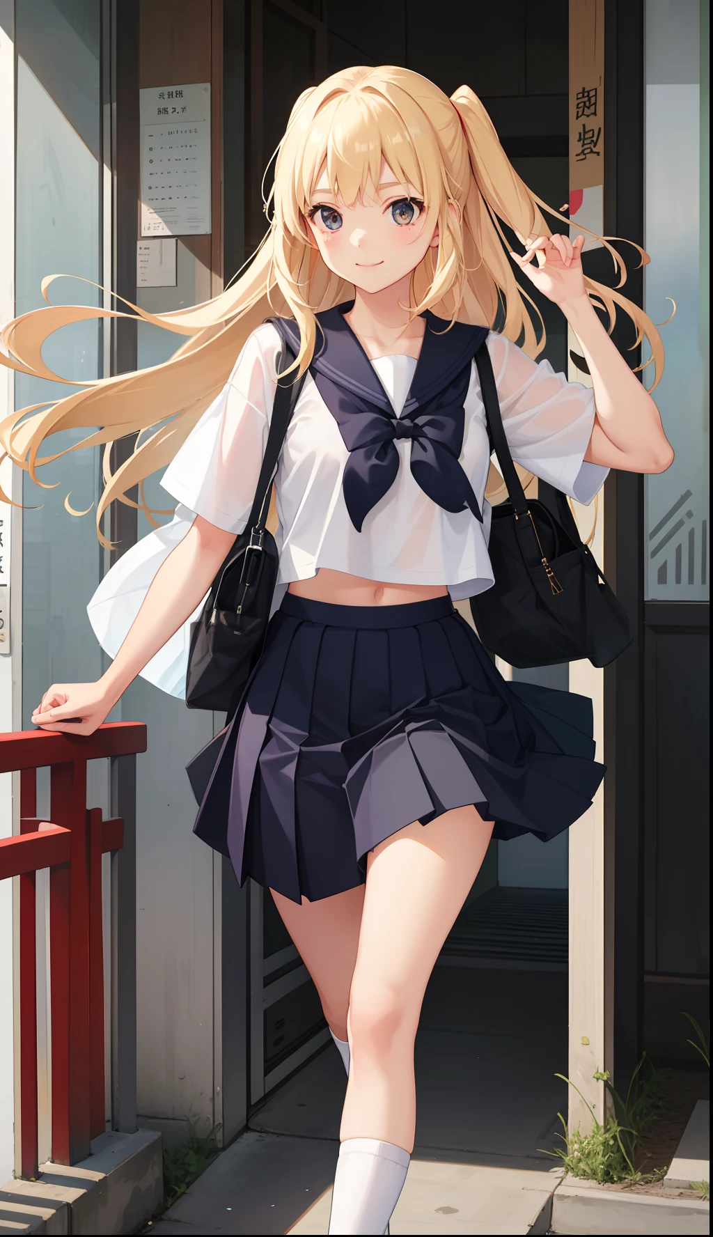 1girl in、A smile、The shirt、skirt by the、（small tits）Chilarism、Japan High School Student Uniform、serafuku、summer clothing、（Sheer Bra）、Upper body portrait、blonde  hair、Dynamism!!Running with the wind、