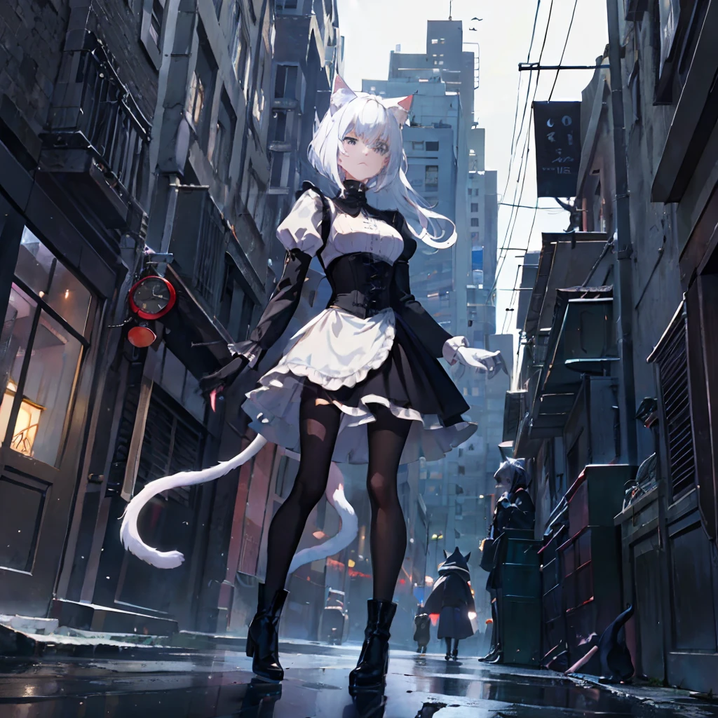 catgirl with asymmetric fashion-sense and a black-and-white-striped bobcut wearing full-coverage complete traditional gothic maid uniform with long sleeves past her wrists and legwear past her ankles in a scene generated from images sampled from every source possible and in high resolution such as 8K and 4K and 2K, masterwork portrayal of elegant feminine mature modest 30 years old scrutinizing suspicious dignified modestly-dressed exhausted depressed skeptical impatient bitter conservatively-dressed catgirl maid with one black nekomimi cat ear and one white nekomimi cat ear and with two-tone medium-length haircut and wearing a dress-or-top-or-blouse that covers her neck such as a turtleneck-sweater-or-buttoned-up-shirt-or-lace-blouse and wearing something that covers her legs such as long-dress-or-long-skirt and wearing one black boot-or-shoe and one white boot-or-shoe and the catgirl maid is looking behind her shoulder in a grungy ghetto seedy narrow alleyway in the night-time setting of a brutalist dystopian metropolitan city hellscape such as Gotham and viewed from an unusual-or-uncommon-or-interesting angle such as dutch angle and depicted in a sharp clean cool detailed style chosen from a mature dark complex intricate style such as the style shinichiro watanabe's cowboy bebop or the grimdark anime style of yoshitaka amano's vampire hunter d:1.3, 1girl, pure-white hair fringe, grey eyes, oil-slick-black hair with white-color striped highlights, white-colored hair with onyx-black stripes highlights, opaque black pantyhose, cat-striped white and black leggings, nekomusume tail, asymmetry, multicolored hair, two-tone hair, wearing full-coverage gloves, zebra-striped hair, sleeves past wrist, sleeves past fingers, collared dress, she's wondering what the you think you're doing, black-or-white white leather corset, black-or-white fabric bustier, high-low skirt, cat tail, zebra tail, legwear past ankles, long pleated skirt, long high-waist skirt, lowleg skirt,