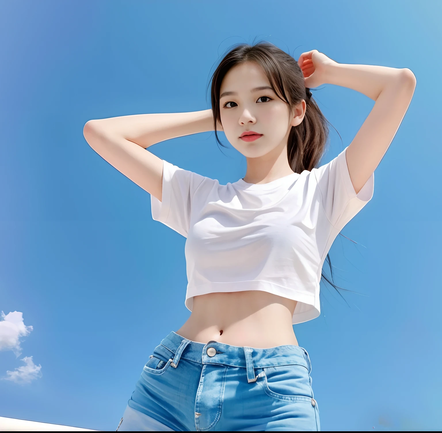 Best Quality, Masterpiece, Ultra High Resolution, (Realisticity: 1.4), Original Photo, 16 Years Old Girl, Tifa, Film Lighting, Outdoor, Roof, Sunny, Blue Sky and White Clouds, Conservatively Dressed, Denim Shorts, Loose White Shirt with Pattern, Lower Abdomen, Fashion Girl, Pick and Dye Gradient Hair, Bangs, High Ponytail, Large Bust, Facial Focus,