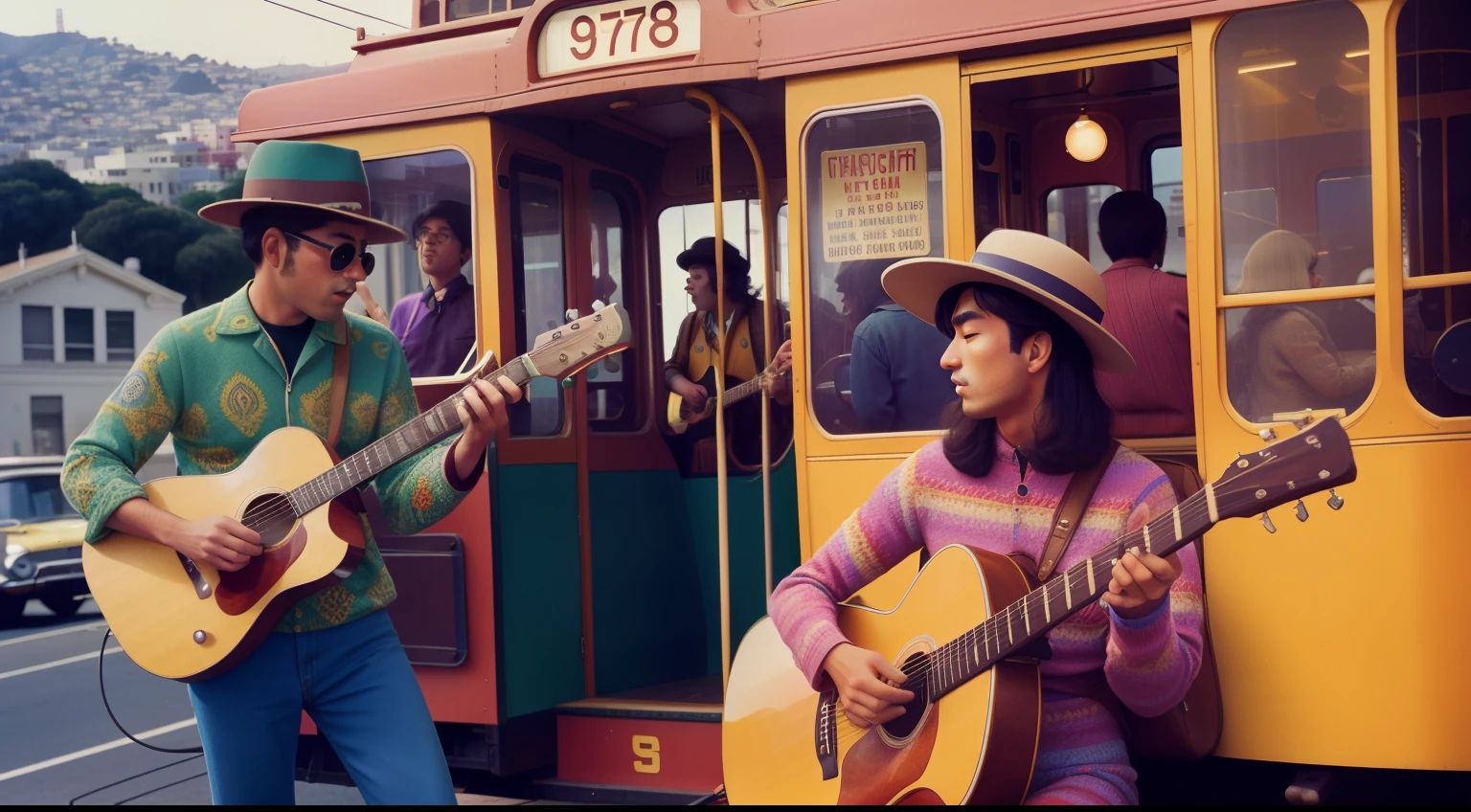 Date: 1967
Location: San Francisco, USA
Description: On a retro cable car, a musician strums a guitar while passengers in psychedelic attire enjoy the scenic route through the iconic hilly streets.