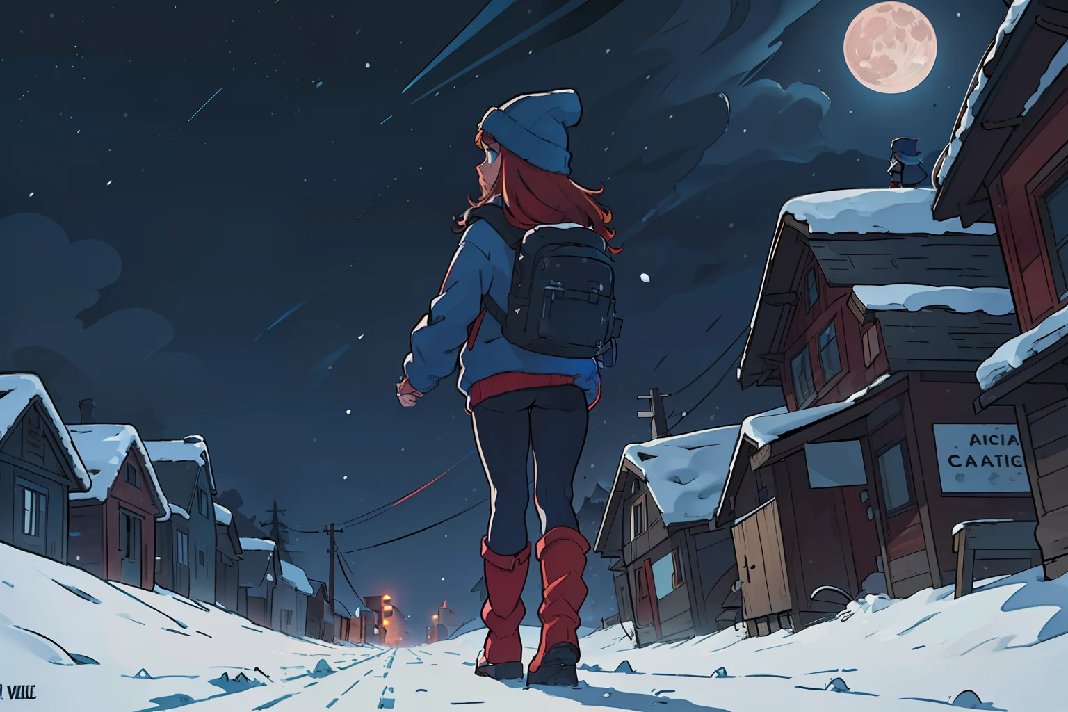 masterpiece, cinematic angle, dynamic framing, close up, low shot poster, from behind, back shot a wide shot of 1girl, a beautiful, slim long red-haired woman wearing a bright blue sweater, tights, beanie, boots, and a backpack walking into a small, creepy town at night, weather snowing, snowy, blizzard with scary, dark atmosphere, large moon