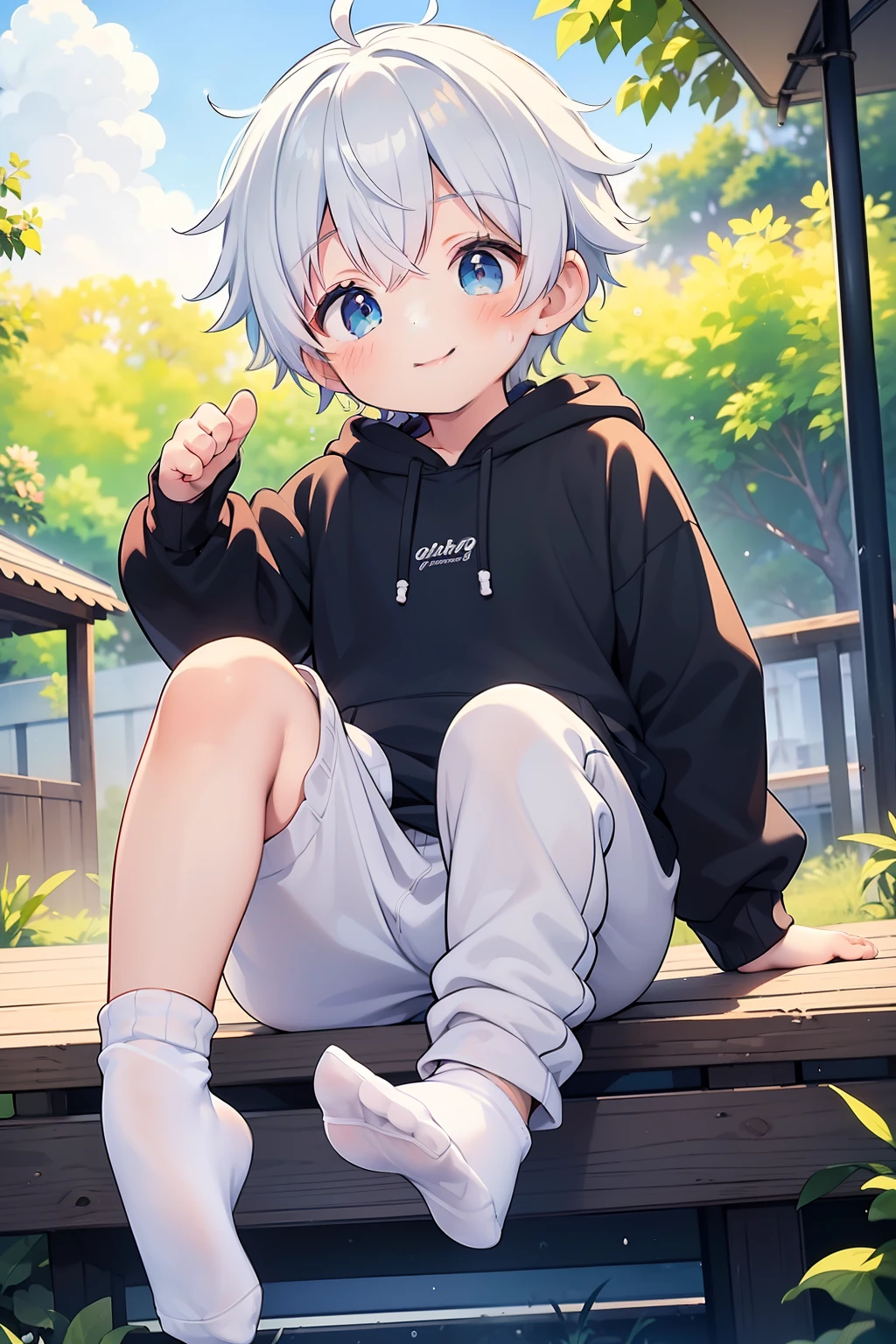 Masterpiece, chubby  boy with white hair and shiny bright green eyes and small socks wearing a hoodie, and oversized sweatpants sitting on a car roof, young, boy, child,l, toddsoft lit, (sweatpants:1.4), (undersized socks:1.4), (Boy:1.4), (Shota:1.4), (Young:1.4), (Male:1.4), (smiling:1.4), (foot:1.4), (shy:1.4), (pastel:1.0), (colors:1.0), (cute colors:1.0),