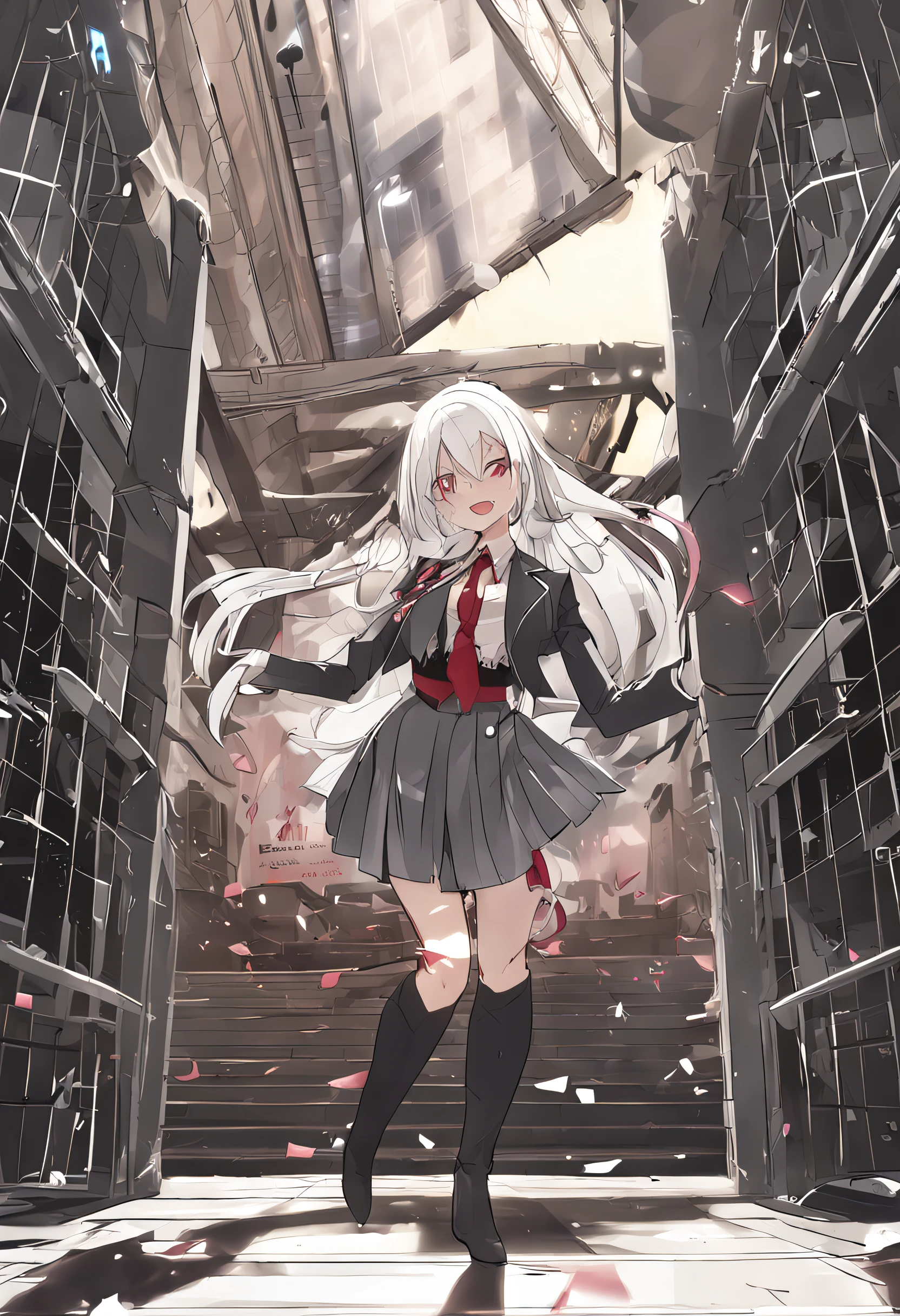 tmasterpiece,best qualityer,A high resolution,silber hair,mediuml breasts,red color eyes,black short skirt,White top,black necktie,black lence stockings,Early morning background