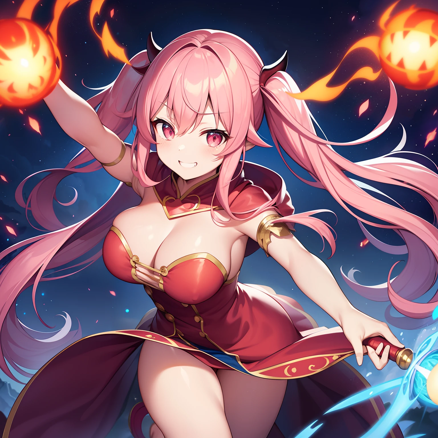 Twin tails with long pink hair、Two demon horn heads、The length of the bangs is neatly aligned..、Cheeky eyes on a high-flying car、Proud look、Sexy eyes、Doya face、smiling mischievously、Sorcerer's costume、Red cloak is swinging、breasts are heavily exposed、perspiring、splash water、Blue magic wand in right hand、The magic wand glows blue、Fire magic、Unleash a fireball、Red fireballs and lights run around the body、Twinkling stars in the night sky、Meteors are beautiful、The magic circle glows suspiciously、Fire Run Pillars、Lightning thunder leaps into magic、Isekai Warrior
