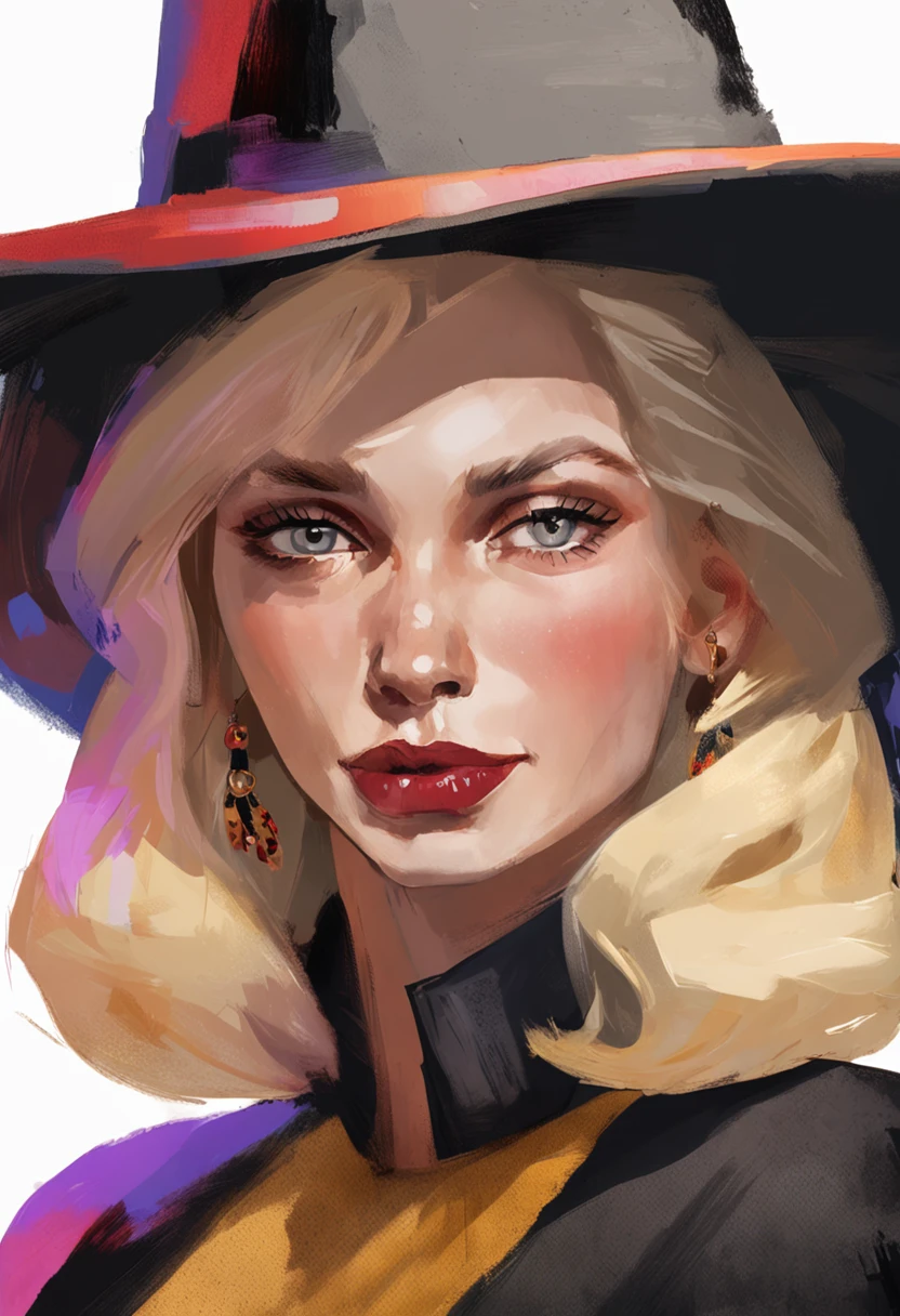 Nixeu, 1girl, black background, blonde hair, closed mouth, earrings, fur trim, gray eyes, hat, highlight, jewelry, big hat, light particles, long hair, looking at the audience, mixed language commentary, mole, mole, nostrils, raw, red lips, shadow face, shadow, simple background, solo, upper body, witch hat