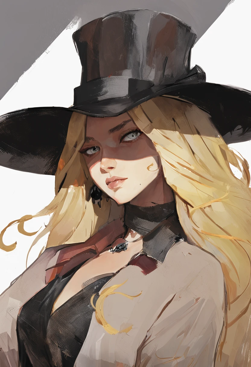 Nixeu, 1girl, black background, blonde hair, closed mouth, earrings, fur trim, gray eyes, hat, highlight, jewelry, big hat, light particles, long hair, looking at the audience, mixed language commentary, mole, mole, nostrils, raw, red lips, shadow face, shadow, simple background, solo, upper body, witch hat