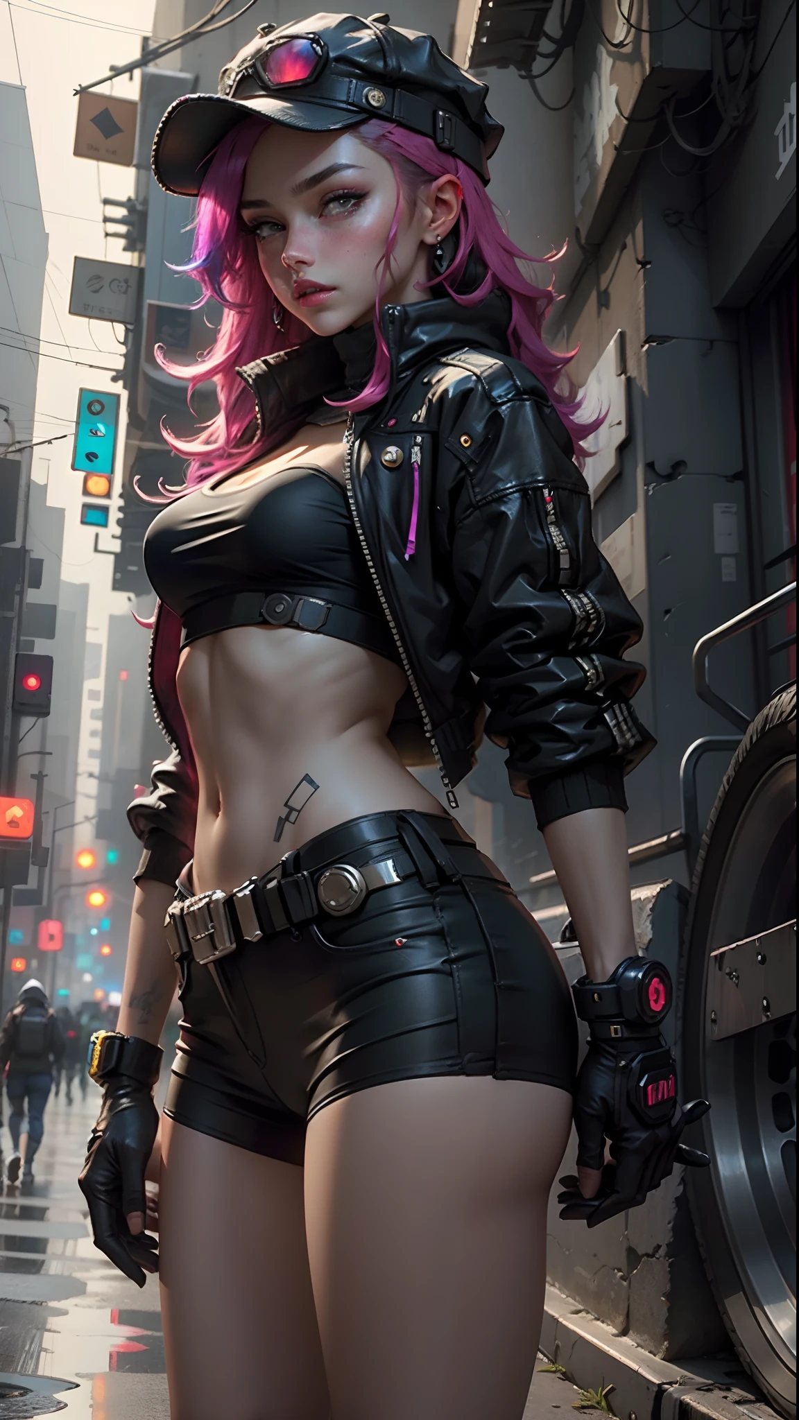 Beautiful woman medium hair, wearing cap, cyberpunk style short clothes