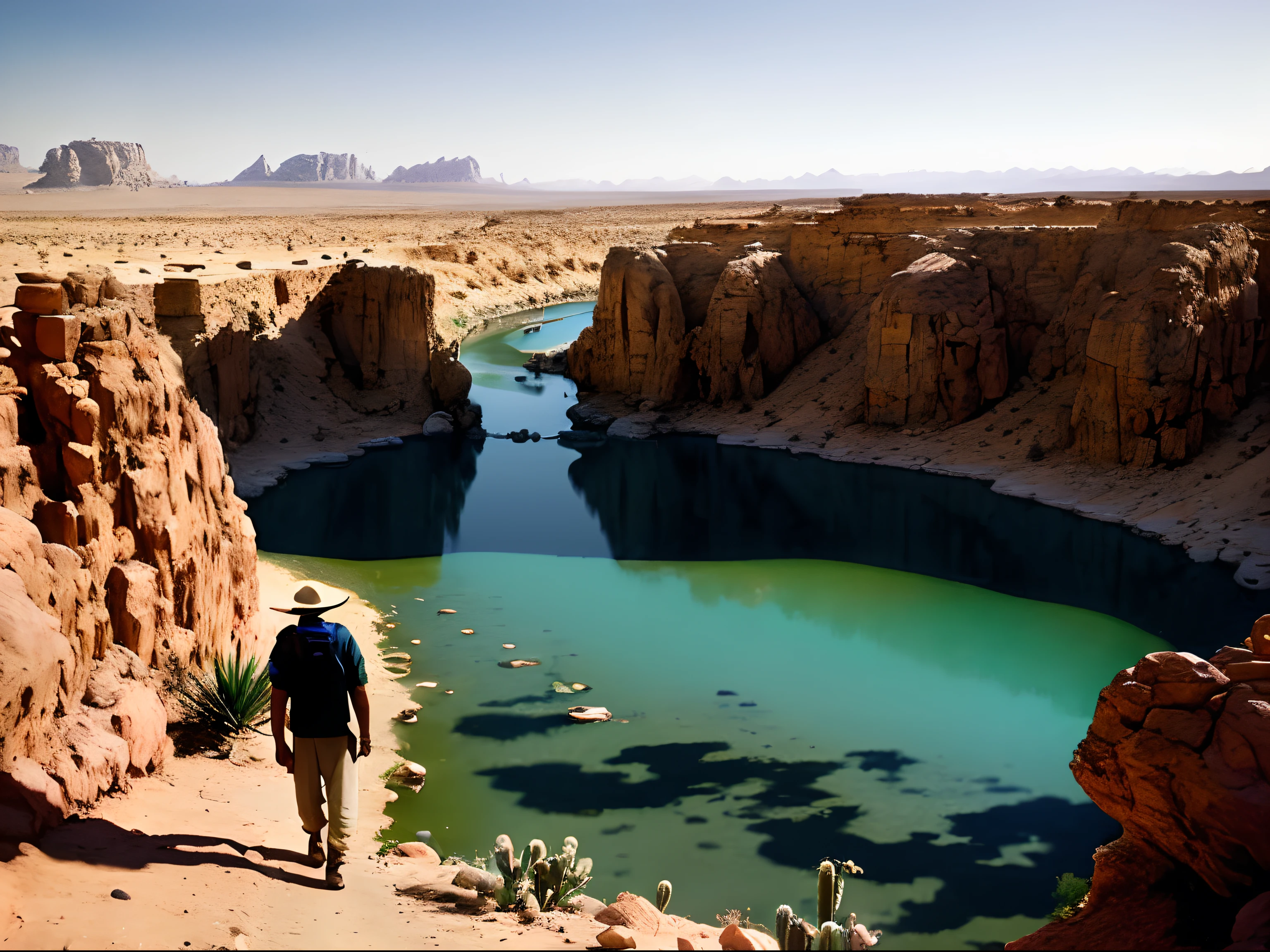 "（The best premium resolution at masterpiece level）Jordan valley，It shows a group of pilgrims walking in the desert，Pass by an oasis with crystal clear spring water，（Many pilgrims stand by the spring to rest：1.5），Desert plants and cacti，There is plenty of light during the day when the sun is shining，Showcase vibrant colors and ultra-detailed scene visuals。"