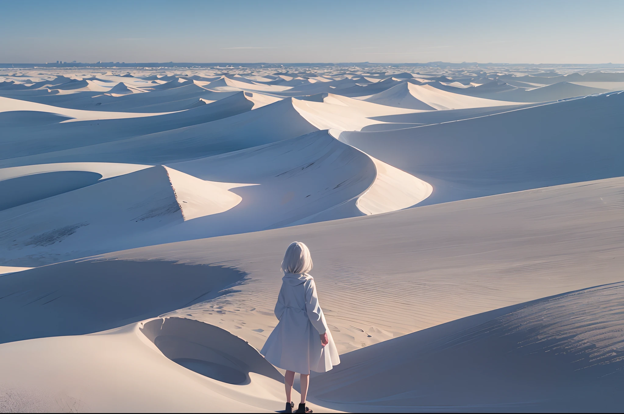 "An albino girl standing alone in the vast expanse of a white desert, under the scorching sun."
