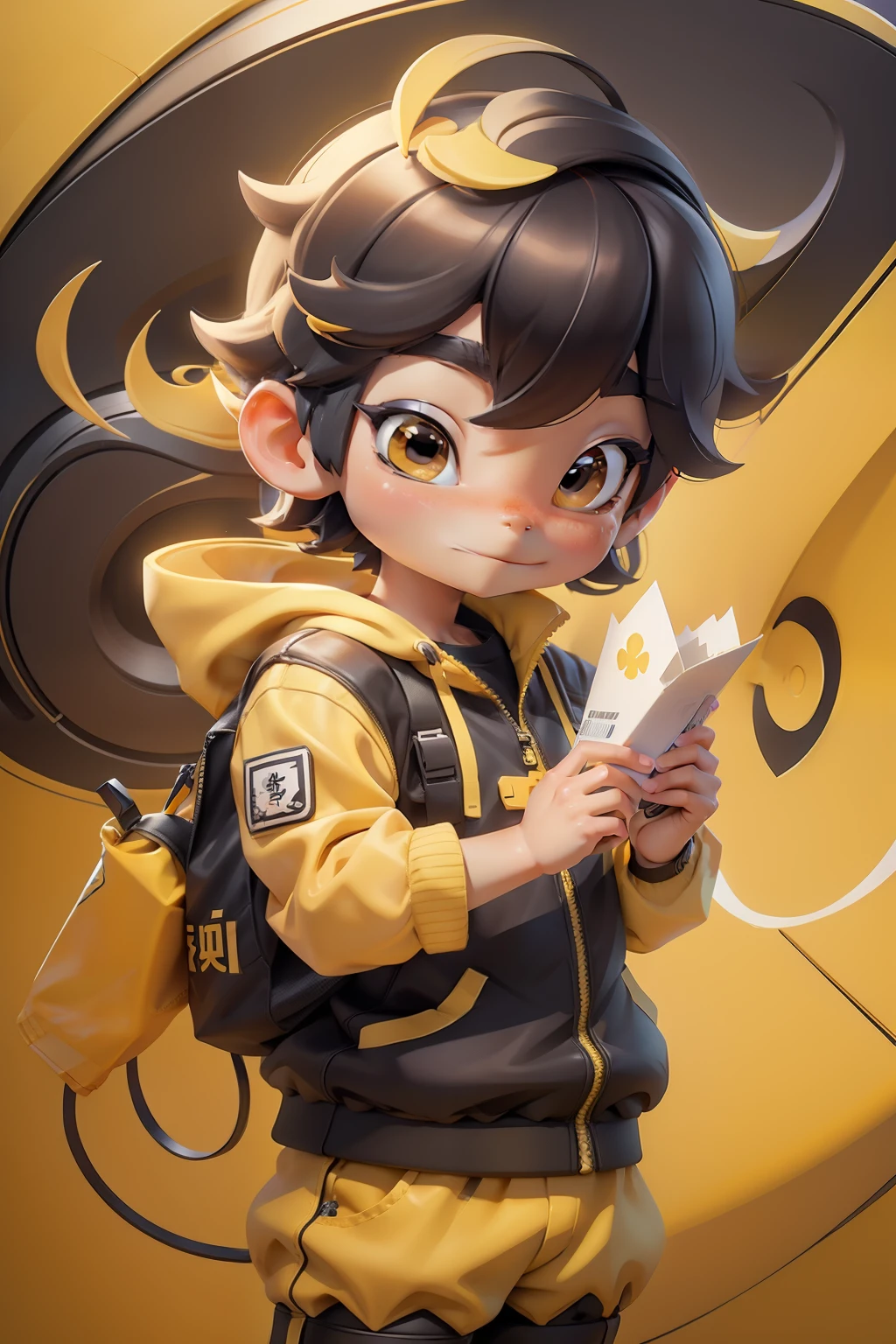 Q version anime boy, take-out，Meituan takeaway，Takeaway boy【Five fingers detailed】【Q version of cartoon】（3D stereoscopic）（The color scheme is dominated by the yellow color of Meituan clothing）（Cute style illustration）Cute comic book style，Official illustration[Three-dimensional feeling][Lovely wind][Card ventilation][真实感]