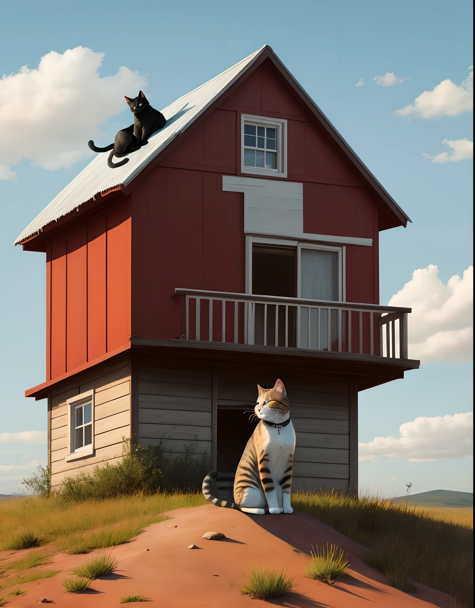 There is a cat on top of the red house on the steppe