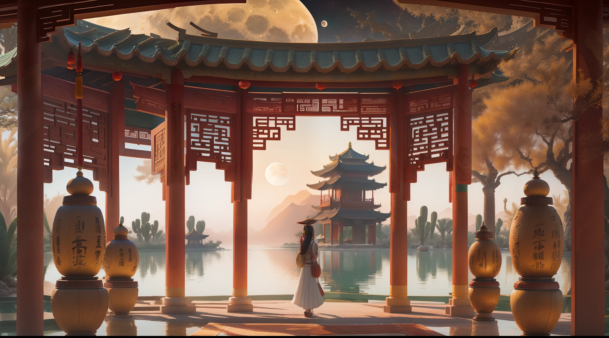 (tmasterpiece)(high qulity),An oasis in the desert,Moon Lake,Chinese ancient pavilion,In the pavilion sits a girl looking like a sunset in the distance,aestheticism
