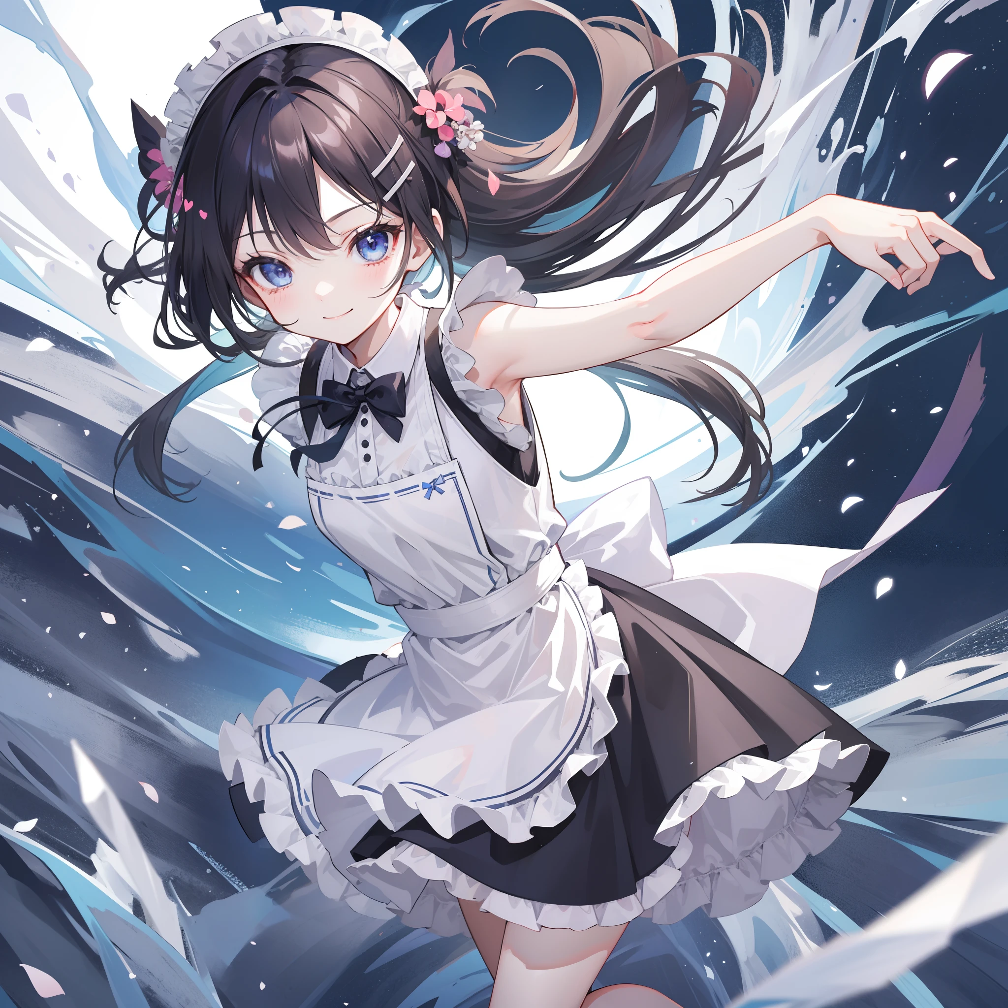 1 girl, smiling, skirt, (small) chillerism, dress, apron,,,,,,、 maid,,,,,,,,、 hair ornament, running briskly,