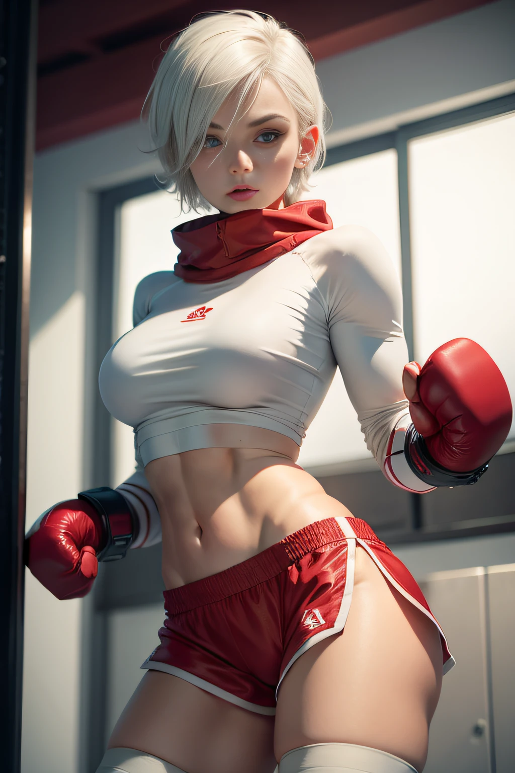 Beauty Russian boxer Short white hair, red knee-length sweatshirt, bandages wrapped around hands