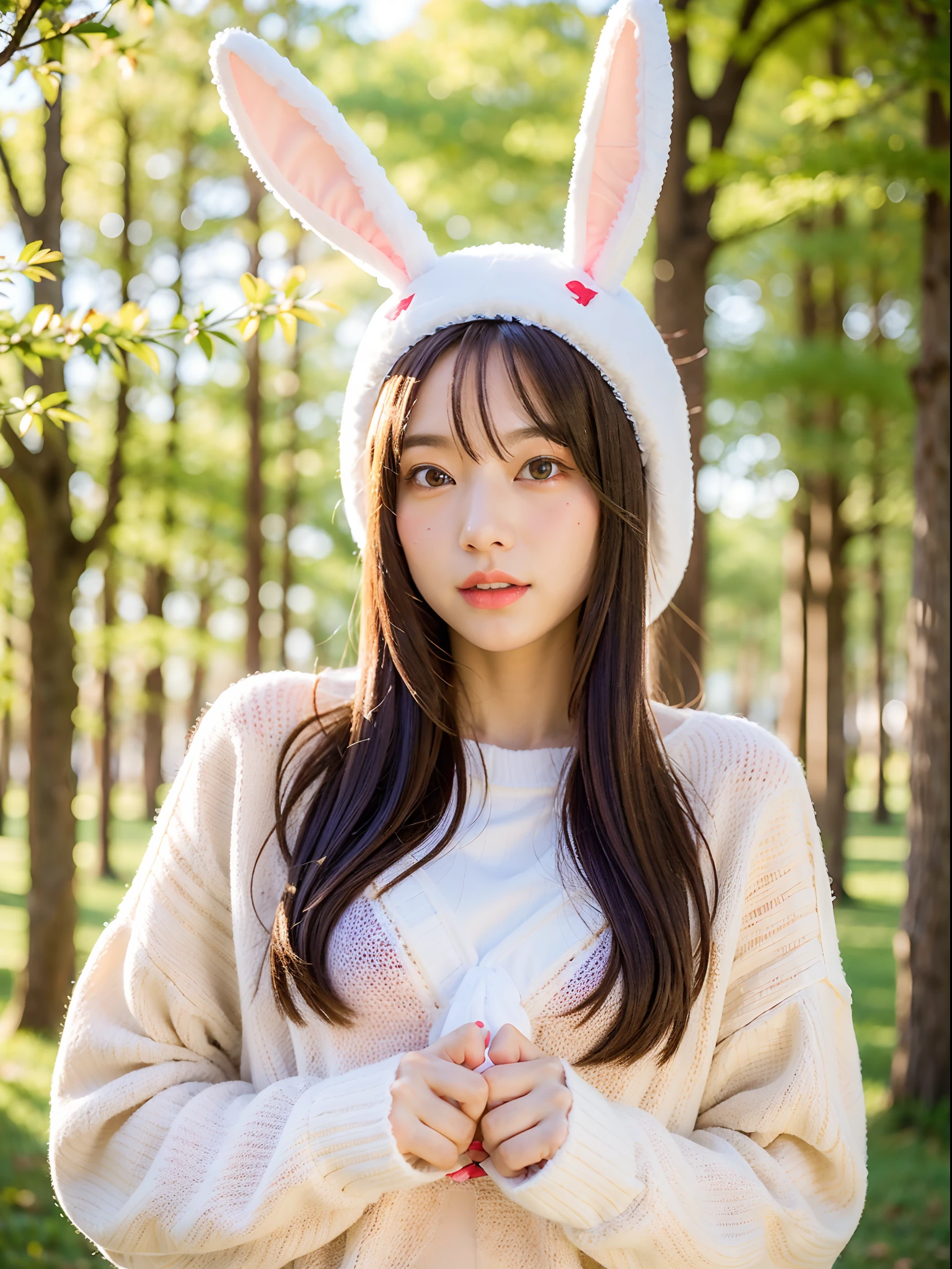 femele、(oversized_Wearing a sweater、bunny_ears_hat:1.3)、Red bunny_ears、
good hand、4K、hight resolution、​masterpiece、top-quality、headw:1.3、((Hasselblad photo))、Fine skin、Sharp focus、(lighting like a movie)、Soft lighting、dynamic ungle、[:(详细的脸:1.2):0.2]、medium chest、((at a forest)))、