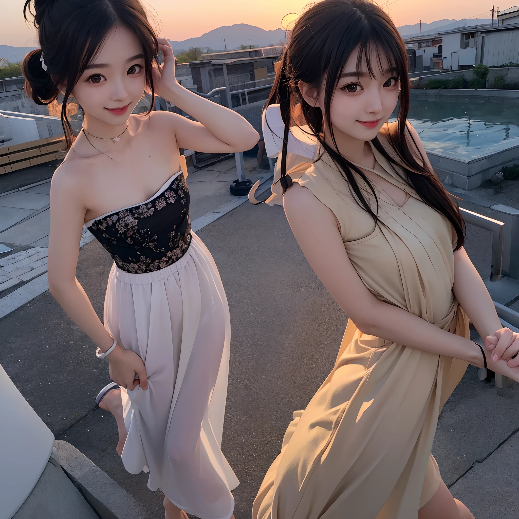Slim cute Japanese beauty at sunset,Smiling,Flashing dark black eyes,Live action photos were taken。