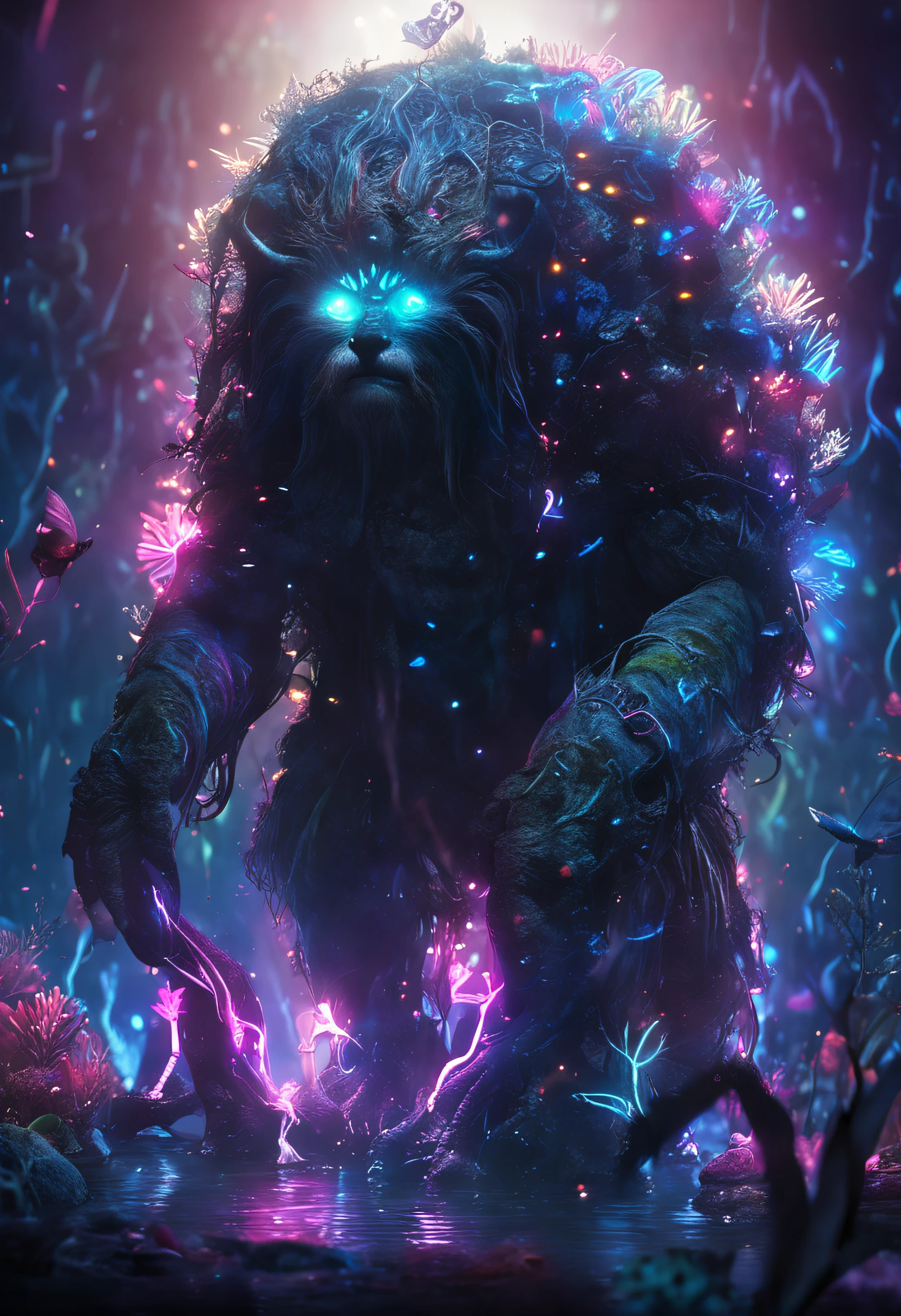 small, fantasy, Wonderful Bioluminescence creatures, dark background, Shih Chieh Huang