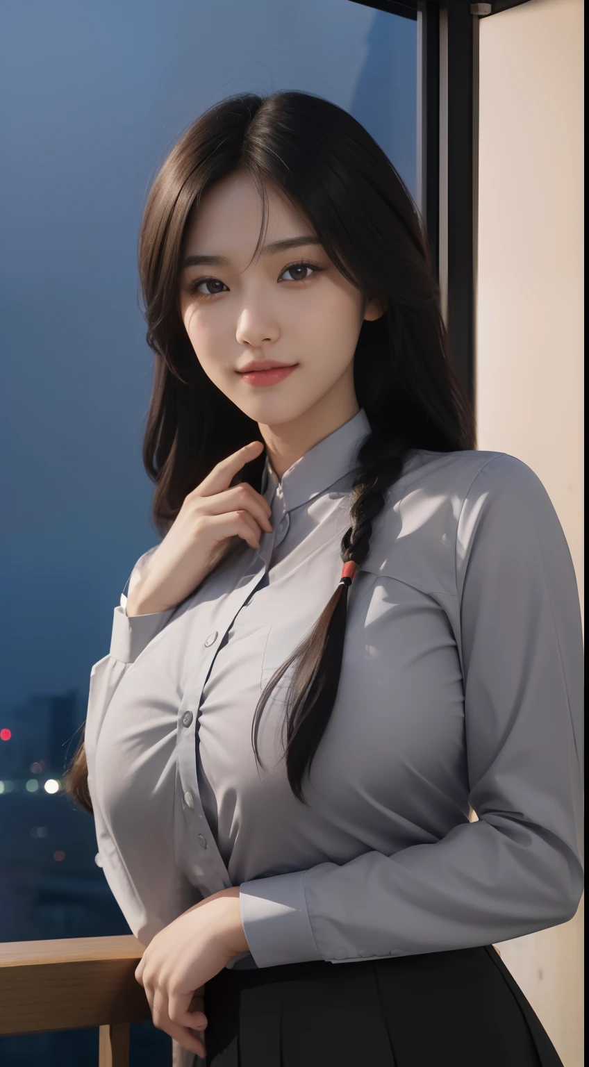 (Night:1.7), Japan, Tokyo, CityView, Before Window,
Standing at attention,
Grey uniform, Shirt, long sleeves , Pants,
Black_hair, Brown_eyes,Long_hair,single braid,
1 girl, 20yo,Young female,Beautiful Finger,Beautiful long legs,Beautiful body,Beautiful Nose,Beautiful character design, perfect eyes, perfect face,expressive eyes,
looking at viewer, in the center of the image,(Upper_body),(Focus on her face),(light_smile:0.5),
official art,extremely detailed CG unity 8k wallpaper, perfect lighting,Colorful, Bright_Front_face_Lighting,shiny skin,
(masterpiece:1.0),(best_quality:1.0), ultra high res,4K,ultra-detailed,
photography, 8K, HDR, highres, absurdres:1.2, Kodak portra 400, film grain, blurry background, bokeh:1.2, lens flare, (vibrant_color:1.2)
(Beautiful,large_Breasts:1.4), (beautiful_face:1.5),(narrow_waist),