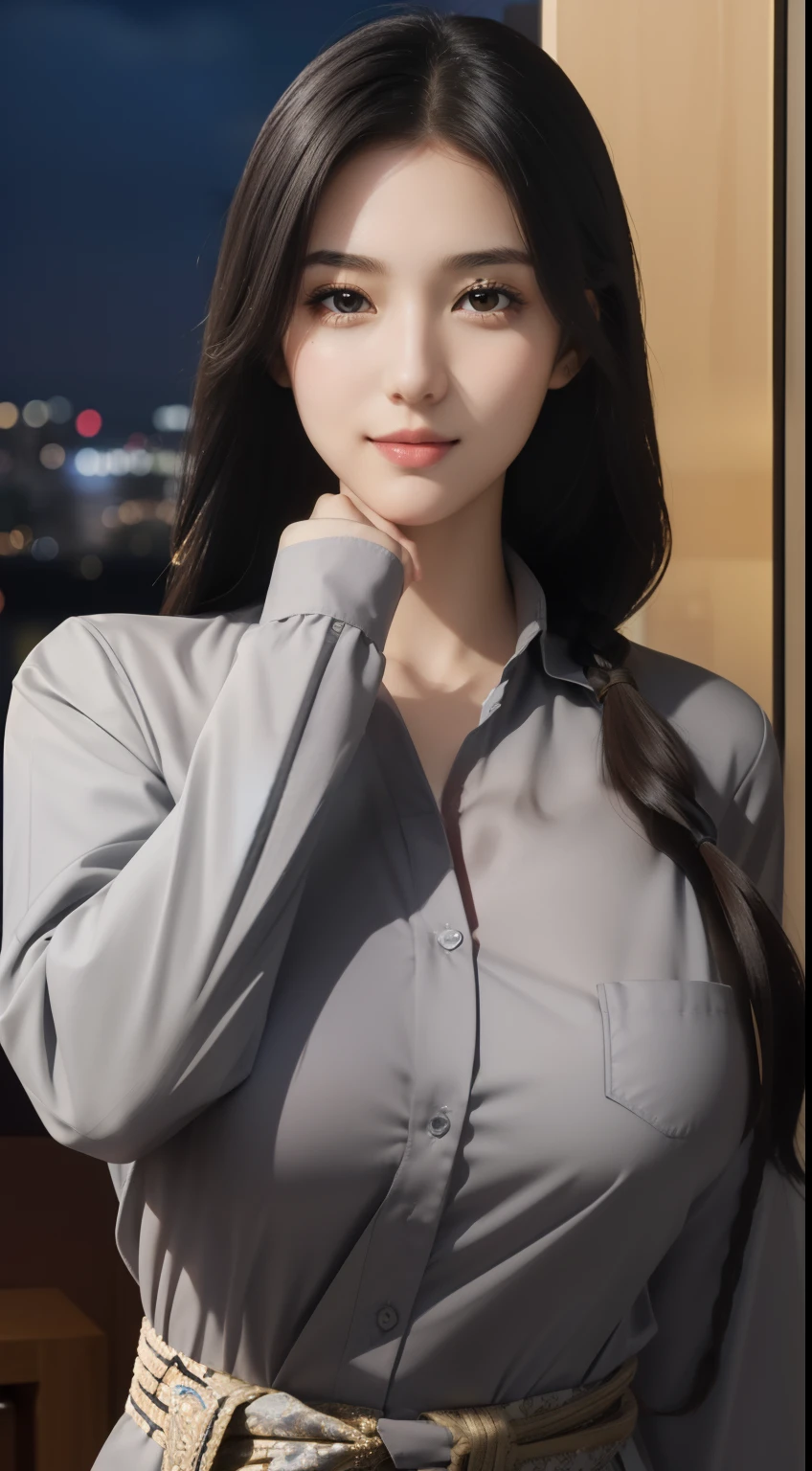 (Night:1.7), Japan, Tokyo, CityView, Before Window,
Standing at attention,
Grey uniform, Shirt, long sleeves , Pants,
Black_hair, Brown_eyes,Long_hair,single braid, 
1 girl, 20yo,Young female,Beautiful Finger,Beautiful long legs,Beautiful body,Beautiful Nose,Beautiful character design, perfect eyes, perfect face,expressive eyes,
looking at viewer, in the center of the image,(Upper_body),(Focus on her face),(light_smile:0.5),
official art,extremely detailed CG unity 8k wallpaper, perfect lighting,Colorful, Bright_Front_face_Lighting,shiny skin,
(masterpiece:1.0),(best_quality:1.0), ultra high res,4K,ultra-detailed,
photography, 8K, HDR, highres, absurdres:1.2, Kodak portra 400, film grain, blurry background, bokeh:1.2, lens flare, (vibrant_color:1.2)
(Beautiful,large_Breasts:1.4), (beautiful_face:1.5),(narrow_waist),